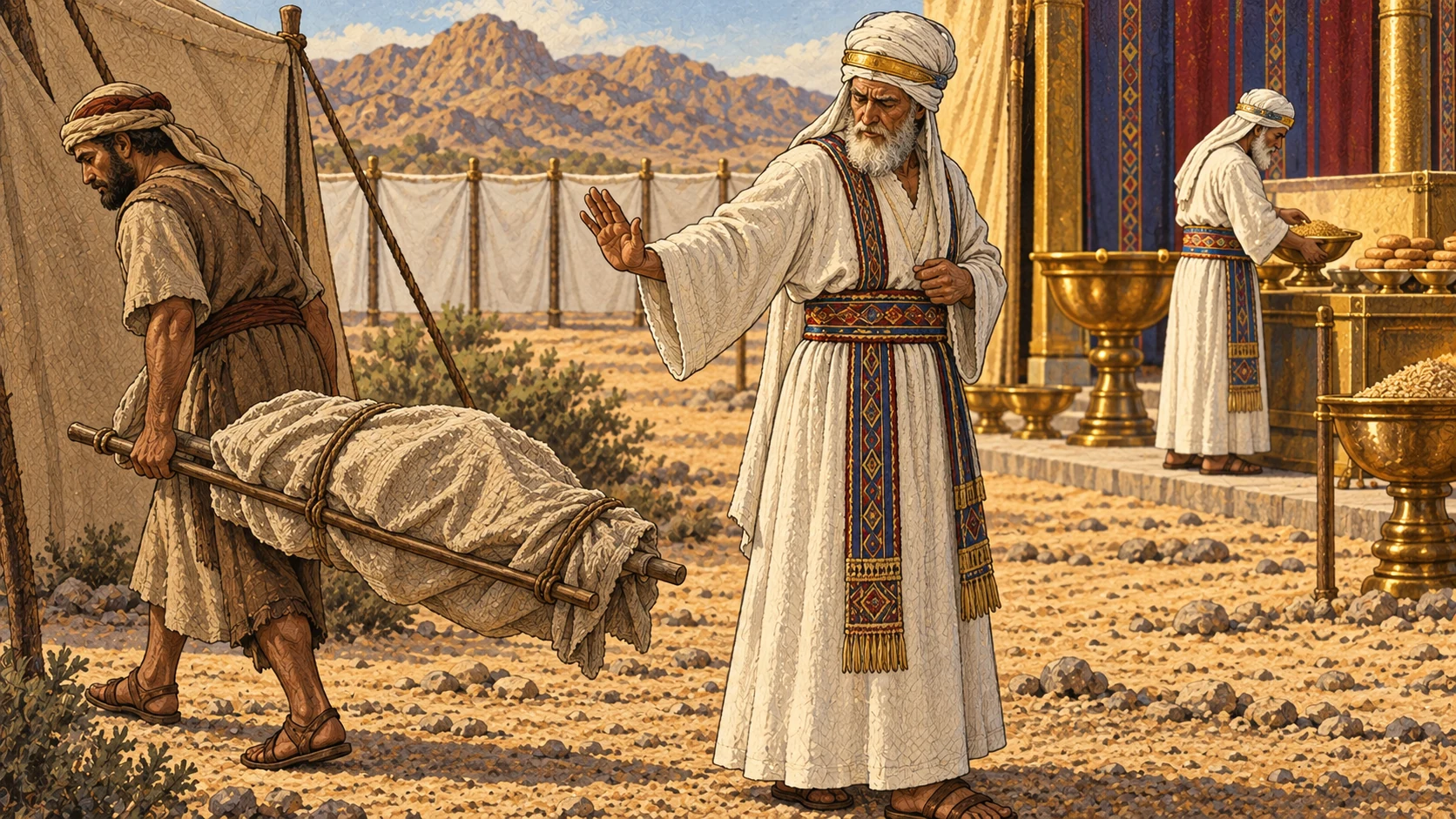 A priest turns away from a fully covered bundle representing an animal found dead or torn while an attendant removes it without contact; clean holy food remains visible at the sanctuary behind him.