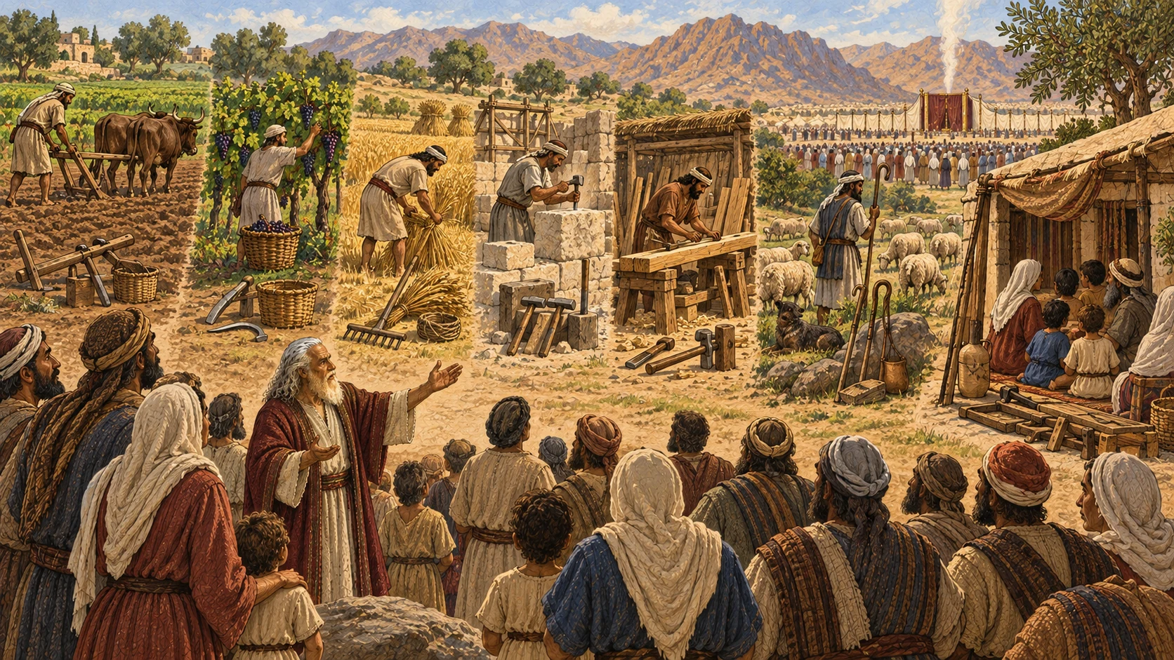 Moses proclaims the appointed times as six work spaces remain active and a seventh space shows families with tools set aside, resting and gathered in holy convocation toward the sanctuary.