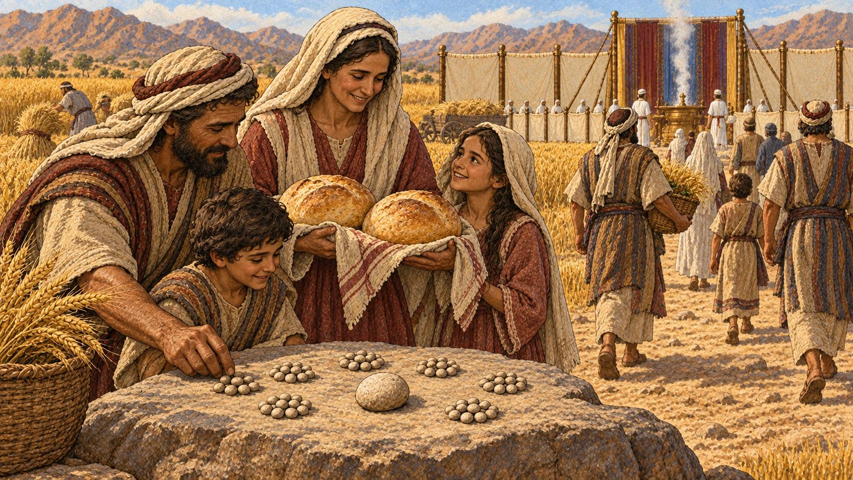 Families count seven groups of seven pebbles around a final fiftieth stone while carrying exactly two risen firstfruit loaves from their dwellings toward the sanctuary through the new grain harvest.