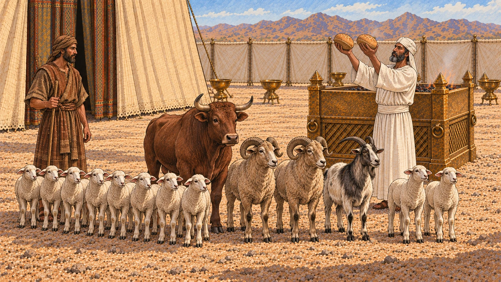 Before the sanctuary, white-linen priests receive the complete living offering group with the two firstfruit loaves: exactly seven year-old male lambs, one bull, two rams, one male goat, and two additional year-old male lambs for peace offerings. Keep all thirteen animals grouped by species and the two loaves visible. No duplicate animals, slaughter, blood, carcasses, crowd hiding counts, or visible deity.