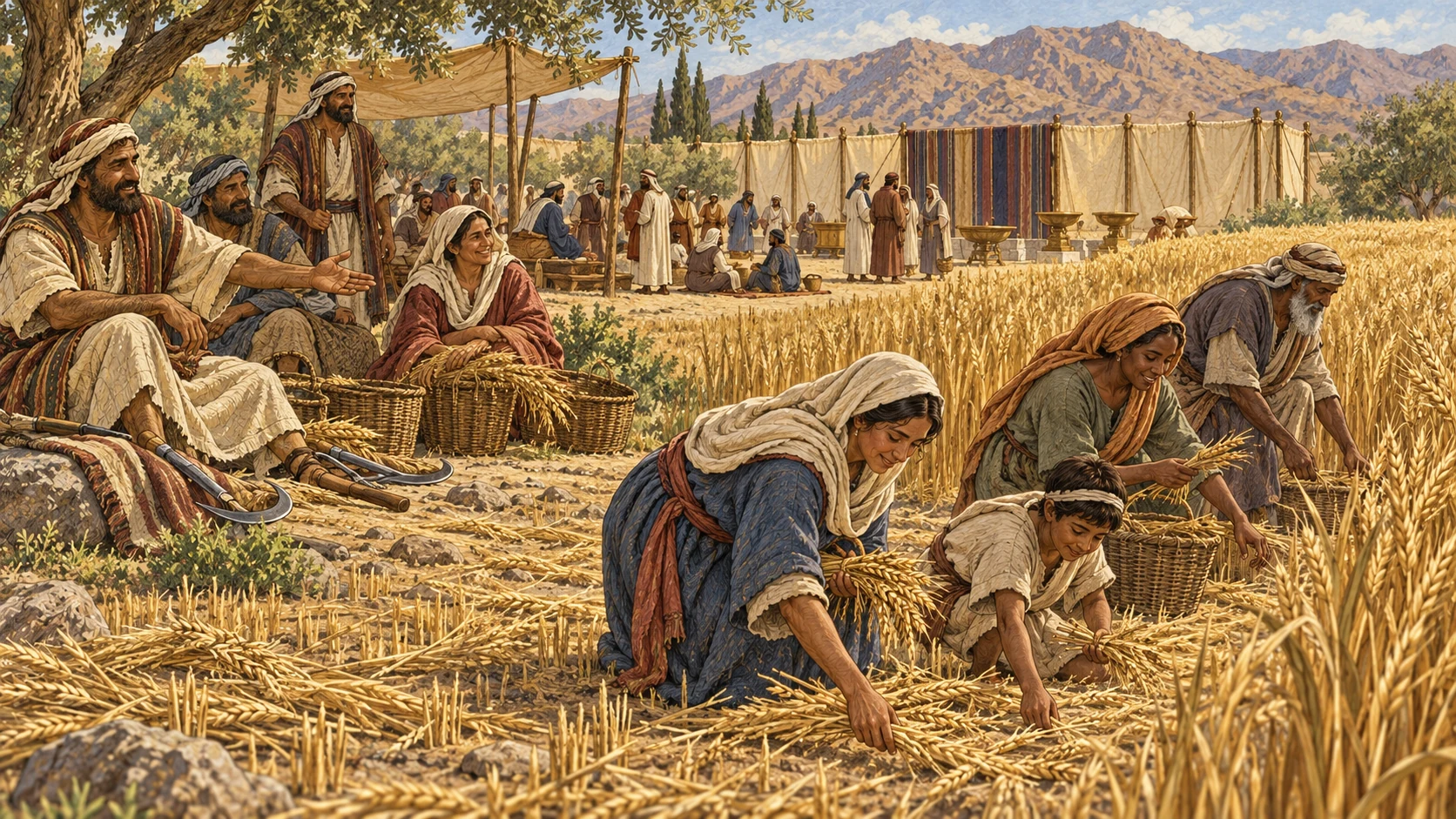 On the firstfruits holy day, work tools rest while the congregation gathers, and harvesters leave a broad standing edge of grain plus fallen stalks for poor and sojourning families to glean. Worship and generosity occupy one continuous landscape. No laborious work, begging, guarded field, total abandonment, blood, or visible deity.