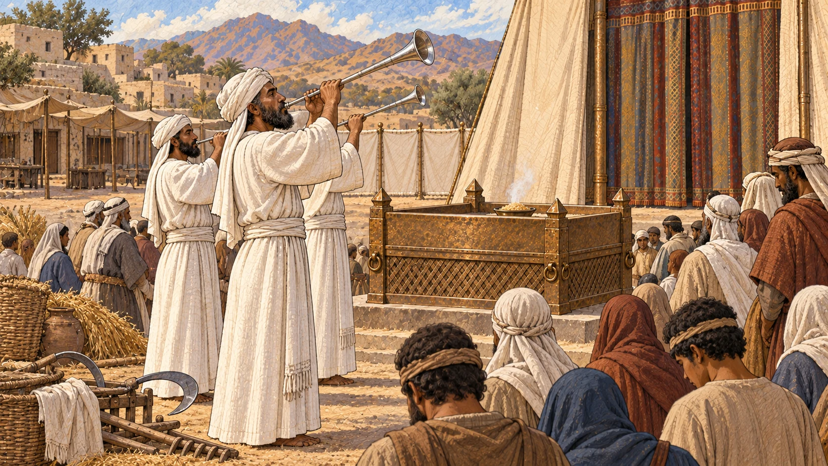 On the first day of the seventh month, priests sound long silver trumpets before a solemn resting congregation. Shops and fields are closed, work tools lie unused, and a restrained food offering smokes at the broad altar. No written date, battle formation, alarm, labor, animal body, blood, dramatic fire, or visible deity.