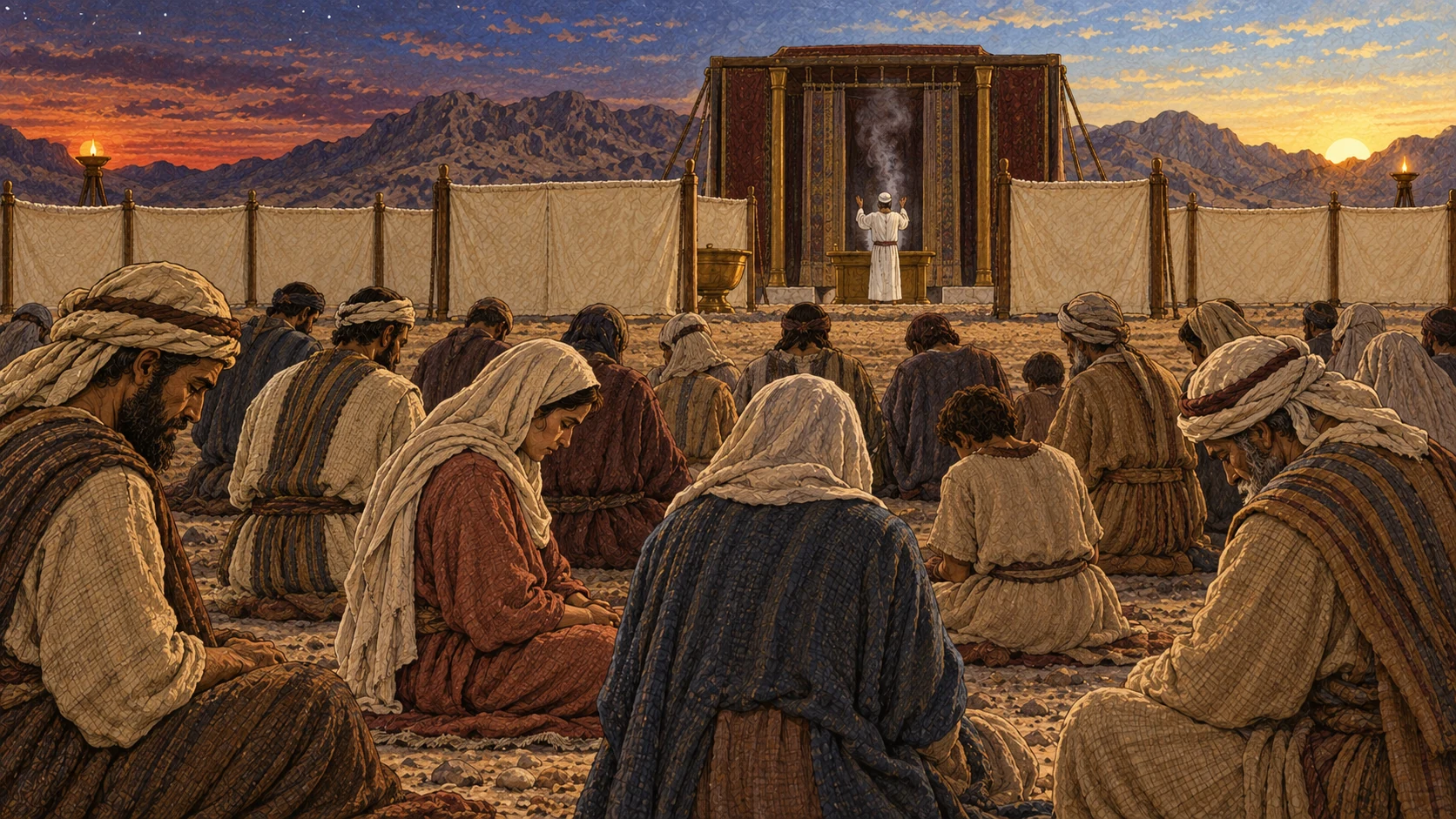 From evening to evening, the whole community humbles itself in complete rest before the sanctuary while the high priest in simple white linen carries out the distant Day of Atonement service. Exactly two horizon lamps mark the beginning and end of the sacred span; all work has ceased. No self-harm, feast, labor, execution, animal body, blood detail, humanoid deity, or face in cloud.