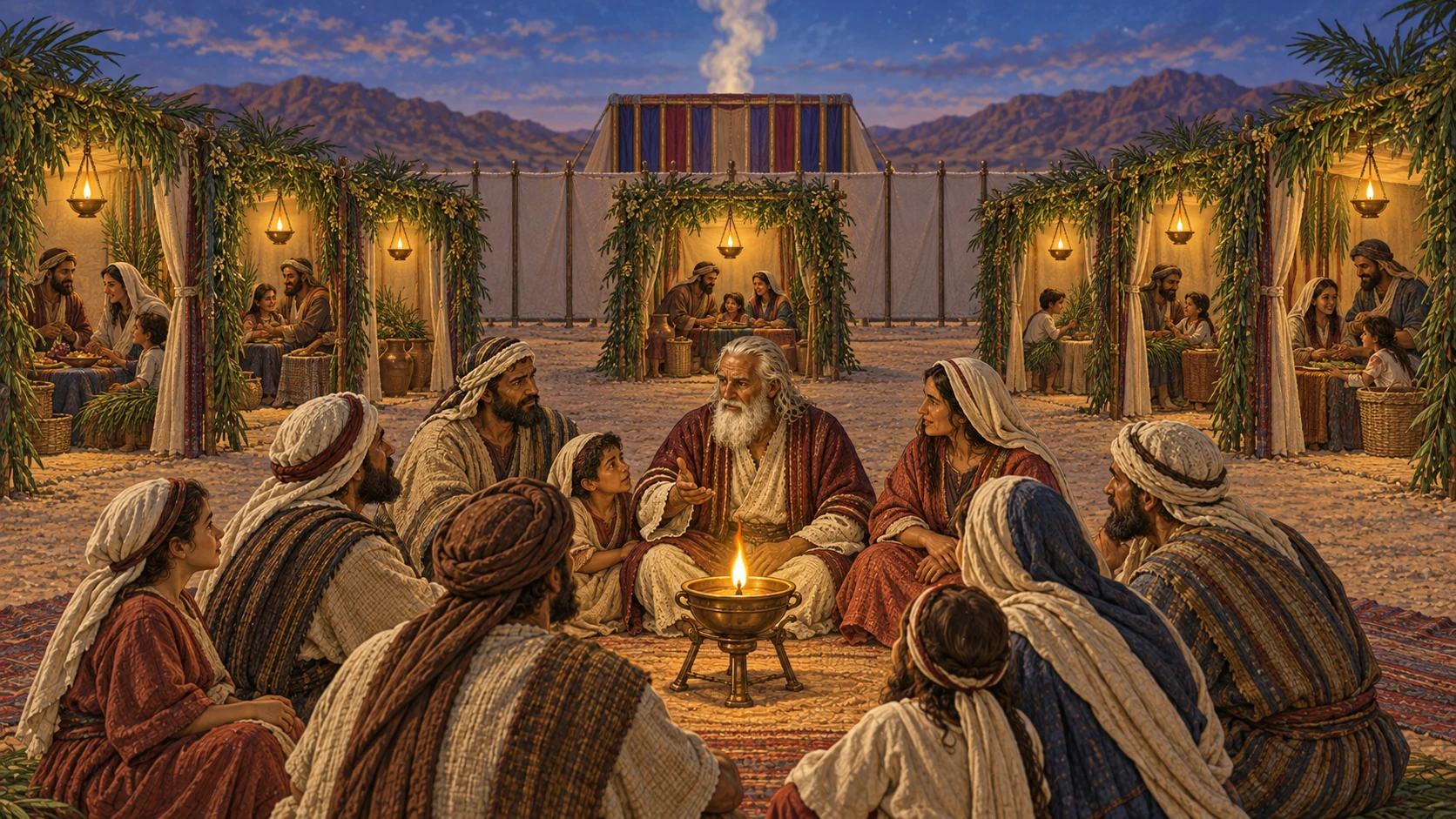 Families dwell joyfully in leaf-covered booths around the sanctuary for seven days, represented by exactly seven small lamps, then gather for a solemn eighth-day assembly around one additional central lamp. Modest daily offering smoke rises in the distance. No permanent stone homes foreground, written count, labor, animal bodies, blood, or visible deity.