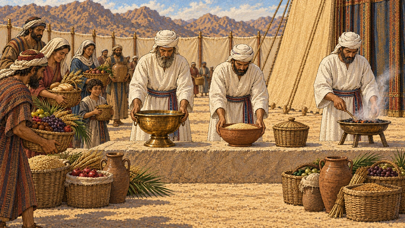 Across the sanctuary courtyard, priests arrange each day's burnt, grain, sacrifice, and drink offerings in orderly distinct vessels while families also bring Sabbath gifts, vows, and freewill gifts beyond the required calendar. The scene communicates abundance with order rather than excess. No animal carcasses, blood, written schedule, mixed-up vessels, or visible deity.