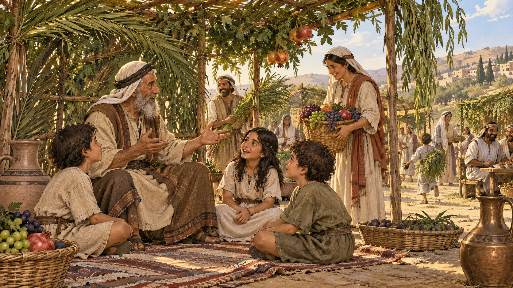 After gathering the land's produce, native-born families rejoice for seven days in temporary booths woven from palm branches, leafy boughs, willows, and fruit from majestic trees. Elders teach children how such shelters recall Israel's wilderness journey from Egypt. Exactly four botanical elements, no written history, pyramids dominating, labor, blood, or visible deity.