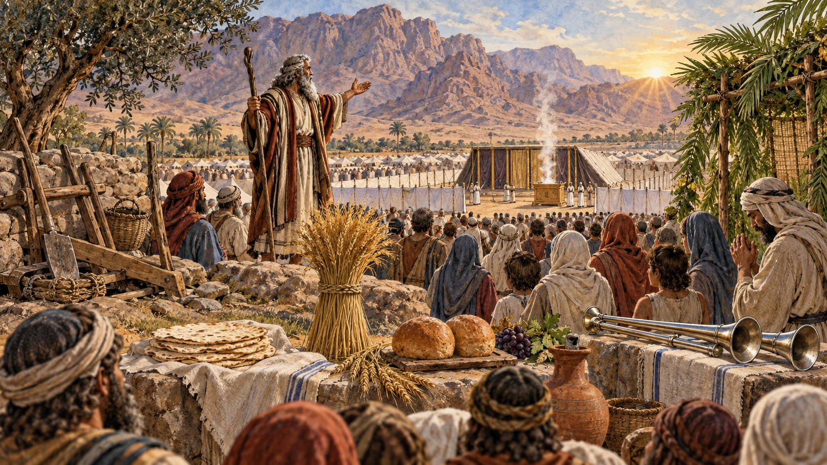 Moses stands before the whole congregation and declares the appointed times as the surrounding landscape quietly gathers their symbols: Sabbath-rested tools, unleavened bread, first sheaf, two loaves, silver trumpets, humble prayer, and leafy booths. One cohesive closing panorama, no chart grid, calendar text, duplicate Moses figures, blood, or visible deity.