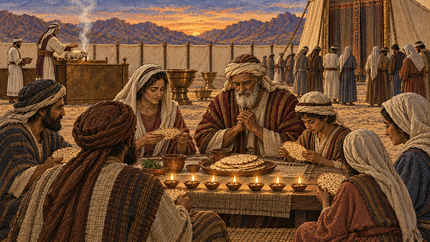 At twilight, households begin Passover beside the sanctuary and gather for seven days of unleavened bread; exactly seven lamps form one row while work tools remain set aside and the community assembles in holy convocation.