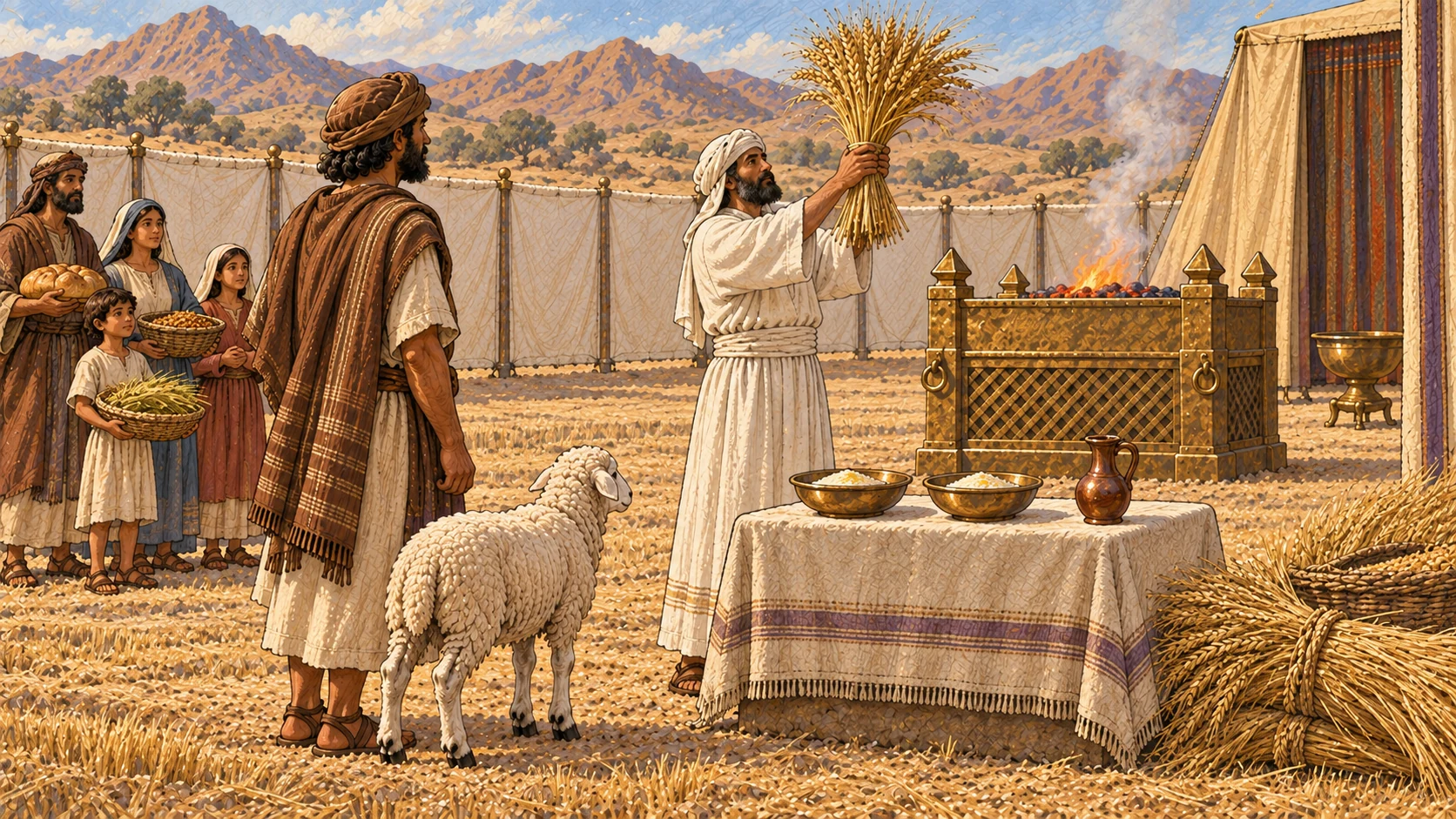A farmer brings the first bundled barley sheaf to a white-linen priest who waves it before the sanctuary; exactly one lamb, two bowls of flour mixed with oil, and one wine vessel accompany the offering while households wait before eating fresh grain.