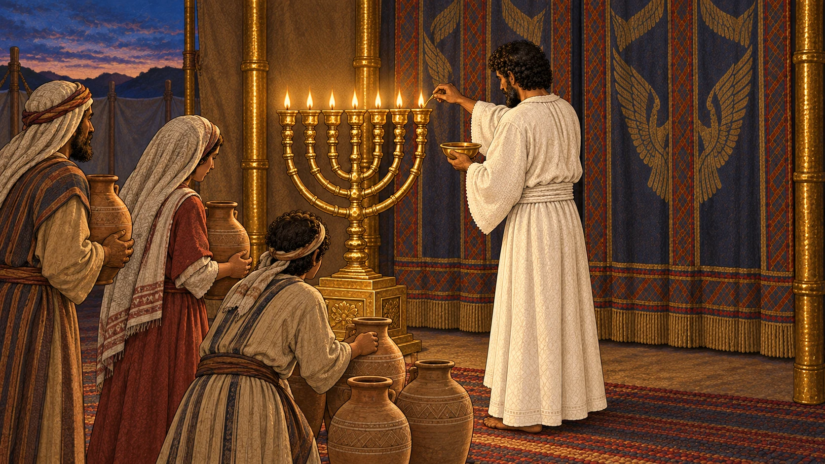 Israelite families deliver jars of clear beaten-olive oil while Aaron tends the pure golden lampstand outside the inner veil from evening toward morning. All seven lamps burn steadily in one row and the veil remains closed. Exactly seven flames; no ark, blood, animal, humanoid deity, face in light, or modern lamp.