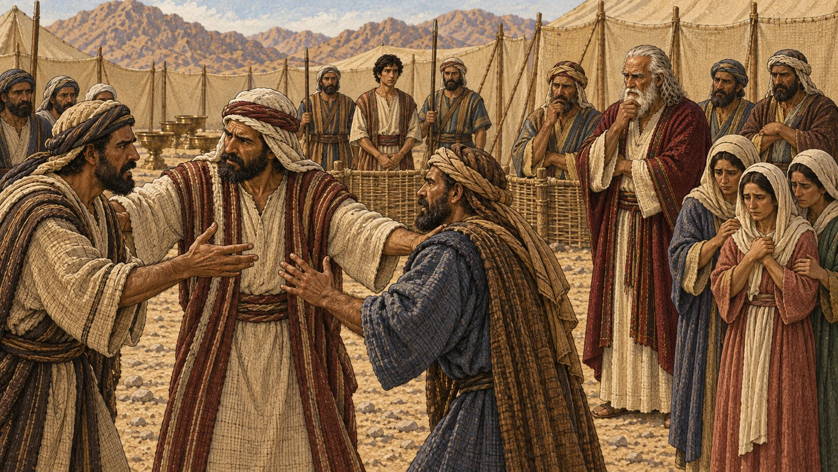 Two fully clothed adult men are separated after a camp quarrel; the son of Shelomith stands before Moses and witnesses after cursing the sacred Name, then waits safely in simple guarded custody while Moses seeks a ruling. Shelomith stands supported by Danite relatives. No curse text, ethnic caricature, beating, chains, blood, execution, stones, or visible deity.