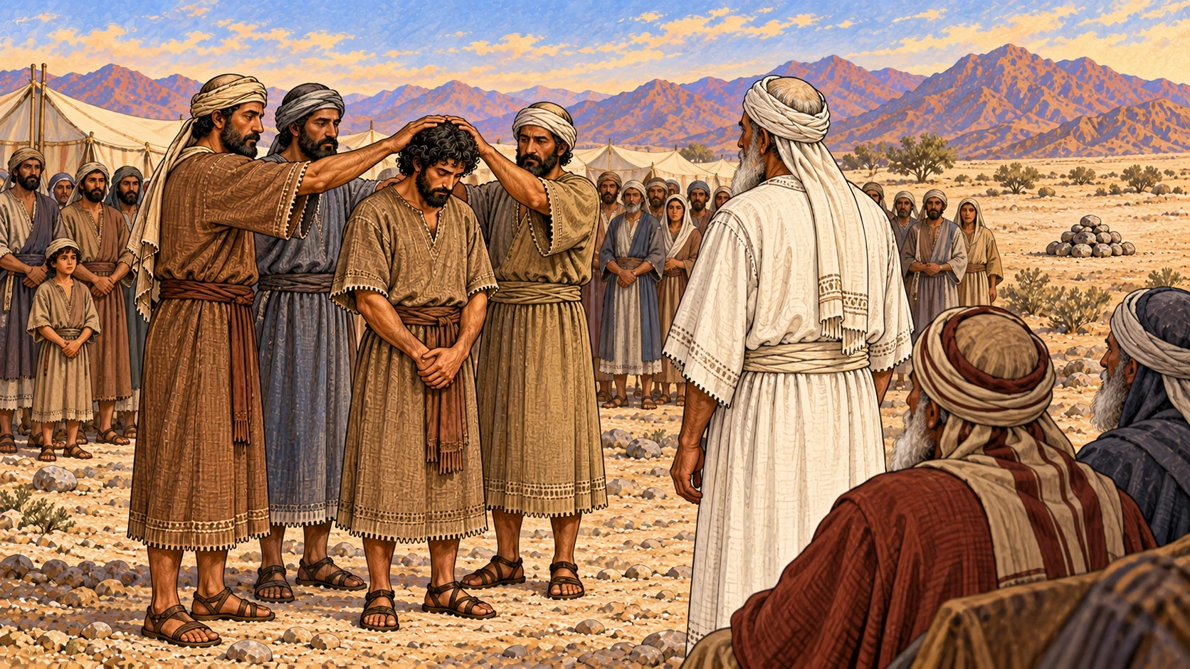 Outside the camp, witnesses place open hands solemnly on the accused man’s head before elders and the congregation, confirming their testimony. Legal stones remain untouched in a distant pile, indicating the announced sentence without enactment. The man remains clothed and unharmed. No execution, thrown stones, injury, blood, mob rage, curse text, or visible deity.