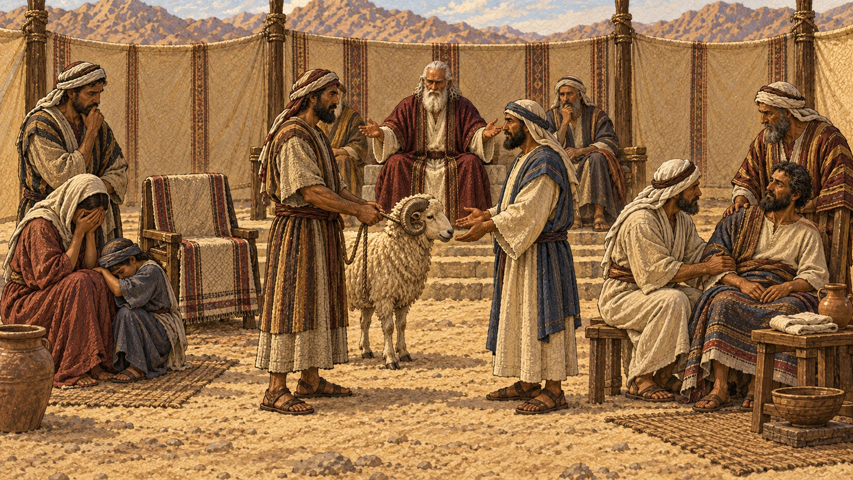 At the elders’ gate, three cases receive measured judgment: a homicide case represented by an empty covered seat and grieving family, a livestock owner receiving replacement for a lost animal, and an injured neighbor receiving equivalent restitution and care. No killing, wounds, eye or tooth injury close-up, retaliation act, blood, courtroom text, or visible deity.