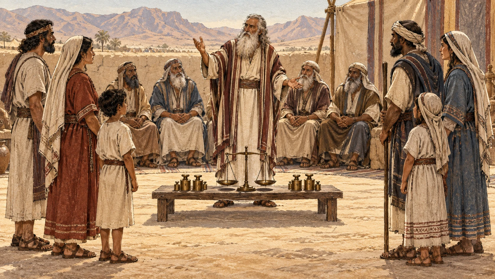 Native-born and resident-sojourning families stand at equal distance before the same circle of elders, receiving identical weights, hearing, and protection under one judgment. Moses teaches at the center. No unequal seating, national flags, bribery, punishment, written law, blood, or visible deity.