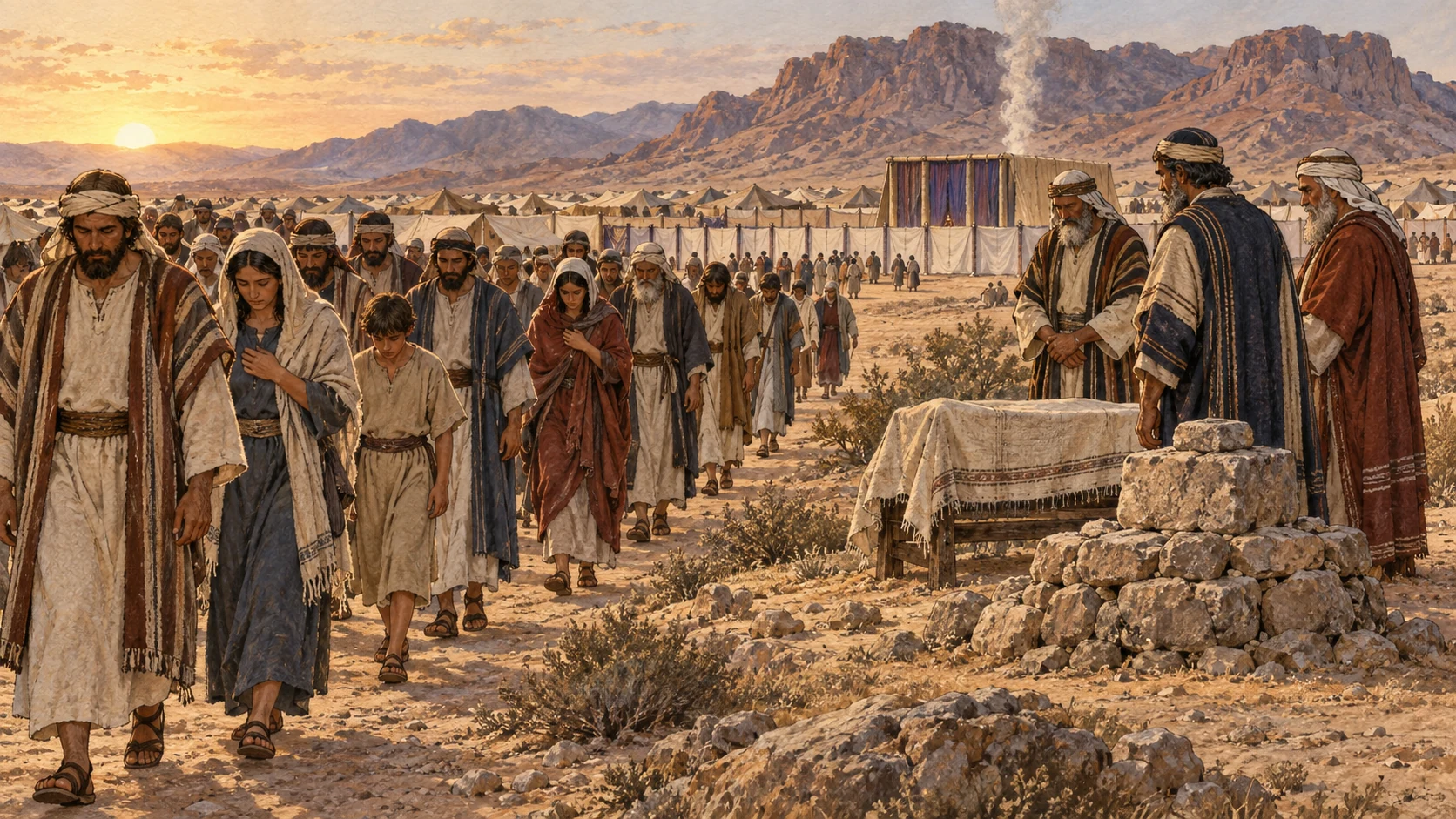 After the lawful sentence, the congregation returns soberly from outside the camp while elders remain beside a simple covered bier and a low stone memorial. The scene records communal obedience and gravity only after the event. No active execution, thrown stones, exposed body, injury, blood, gore, celebration, or visible deity.