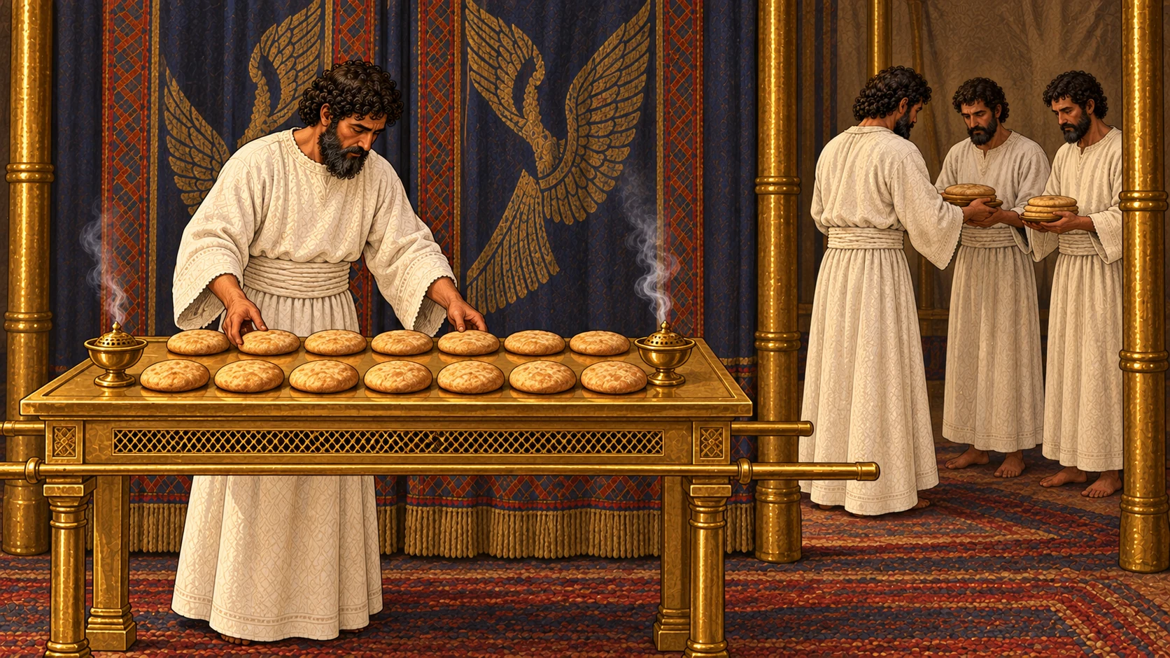 On the pure golden table, Aaron arranges exactly twelve equal loaves in two rows of six, with one small frankincense vessel beside each row. On the Sabbath, Aaron and his adult sons receive the previous loaves for a holy-place meal. Exact 6+6 count; no extra bread, animal, blood, ordinary dining room, or visible deity.
