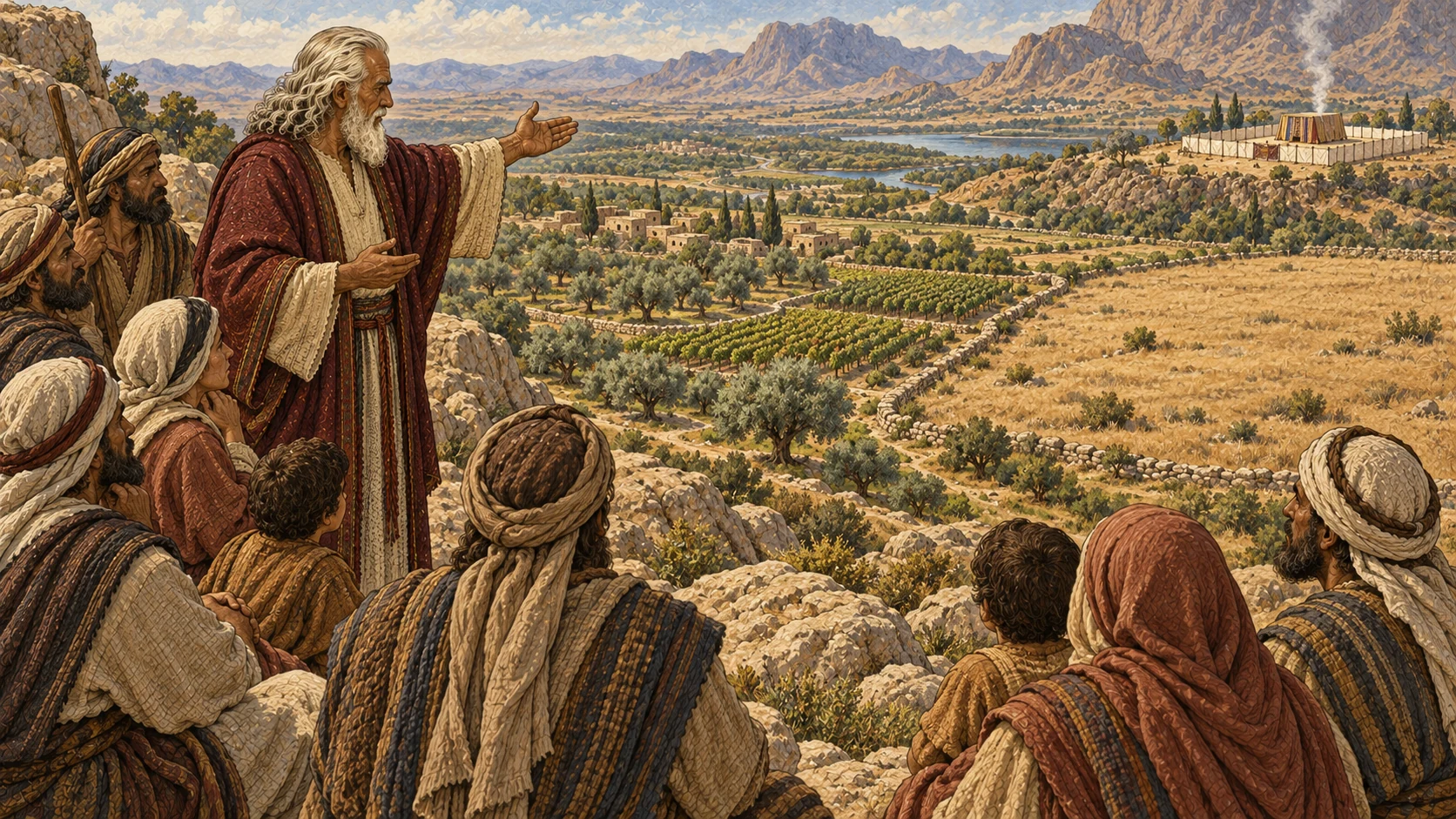 On Mount Sinai, Moses overlooks a promised Canaanite landscape while teaching Israelite families that the land itself will rest before the sanctuary. Cultivated terraces fade into one quiet uncultivated field. No stone tablets, written law, humanoid deity, conquest, blood, or modern agriculture.