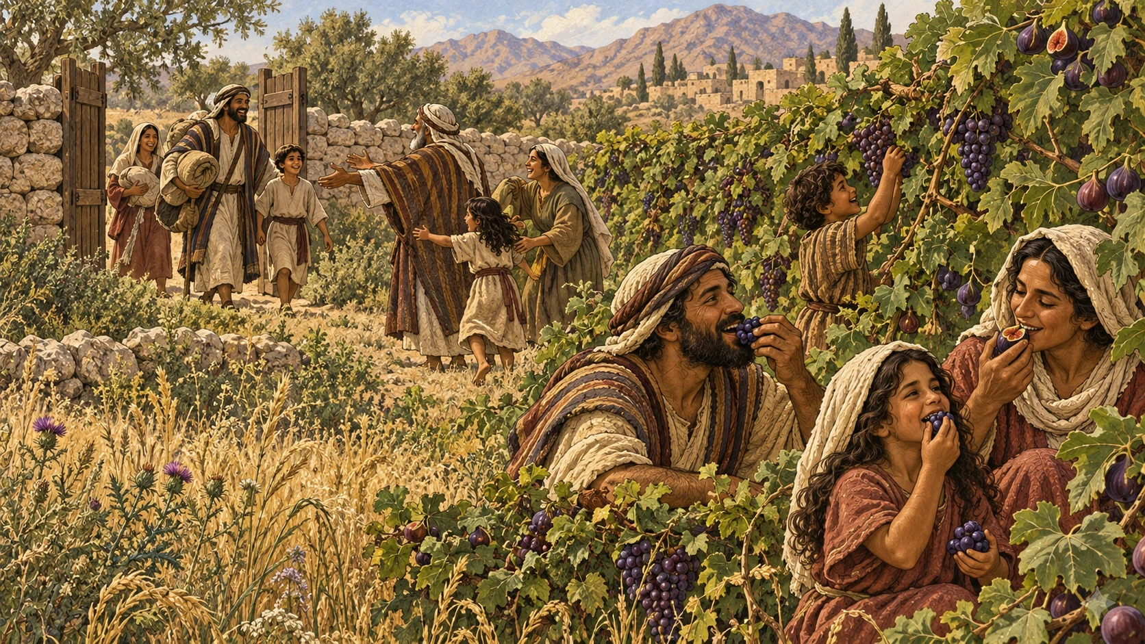In the Jubilee year, fields and vines remain unsown and unpruned while households eat volunteer produce directly from the land and a returning family steps back onto its ancestral property. No laborious sowing, commercial harvest, written deeds, eviction, hunger, or visible deity.