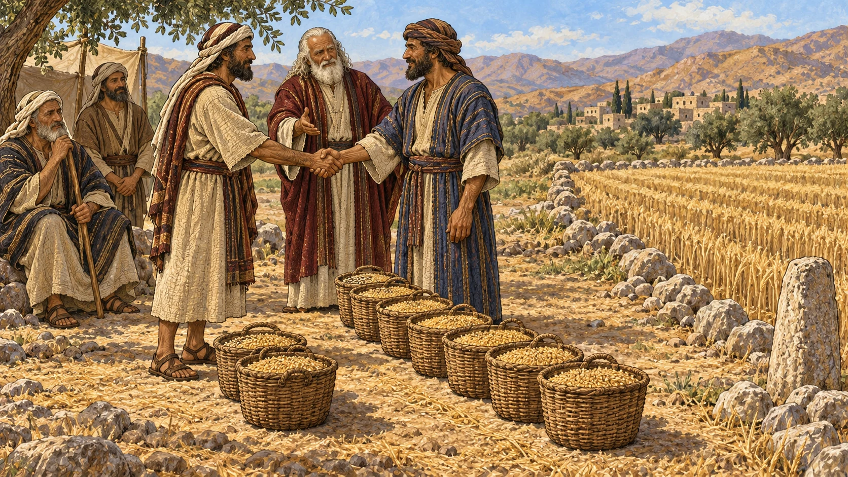 Two neighbors negotiate a field lease before elders using rows of harvest baskets to represent many or few crop years until Jubilee; the price rises or falls openly with the remaining harvests. Both clasp hands without oppression. No written numerals, hidden contract, land sold permanently, coercion, modern money, or visible deity.