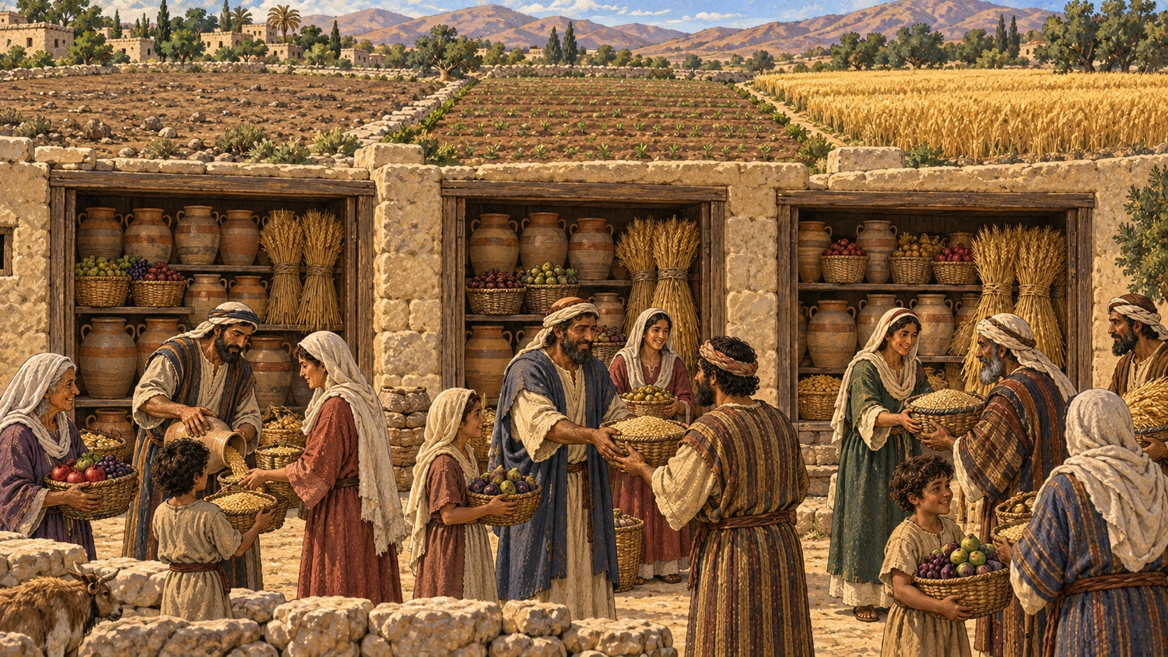 A sixth-year harvest fills exactly three storage rooms, sustaining families through the resting seventh year, the sowing eighth, and into the ninth-year crop. One resting field, one newly sown field, and one ripening field recede across the landscape. No labels, hoarding from poor, famine, modern silo, or visible deity.