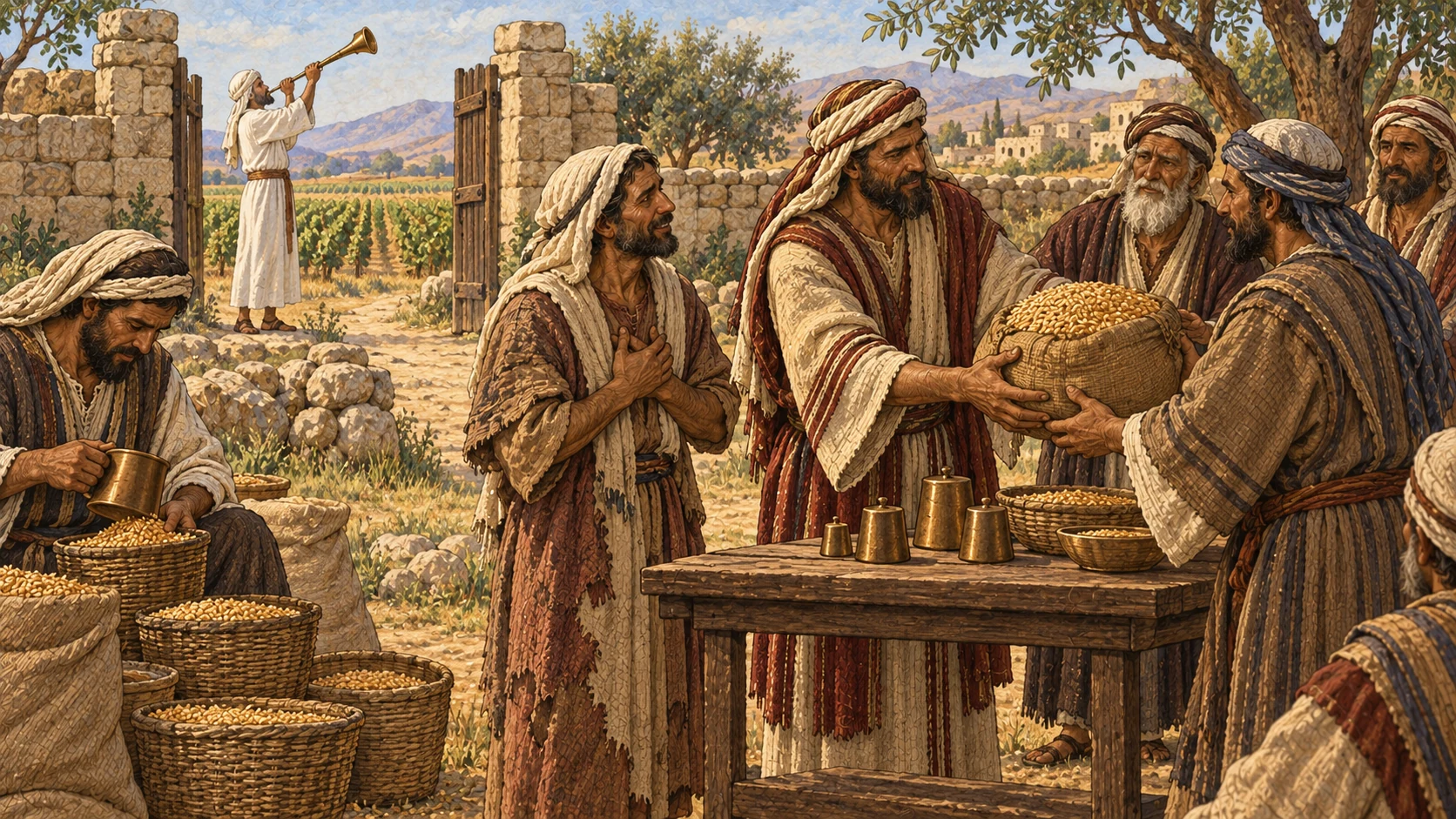 A poor farmer who sold part of his inherited field receives it back as his nearest kinsman-redeemer pays the buyer before elders. A second farmer counts fair surplus for self-redemption, while a Jubilee trumpet promises eventual return where means remain insufficient. No permanent land deed, coercion, eviction, written arithmetic, modern currency, or visible deity.