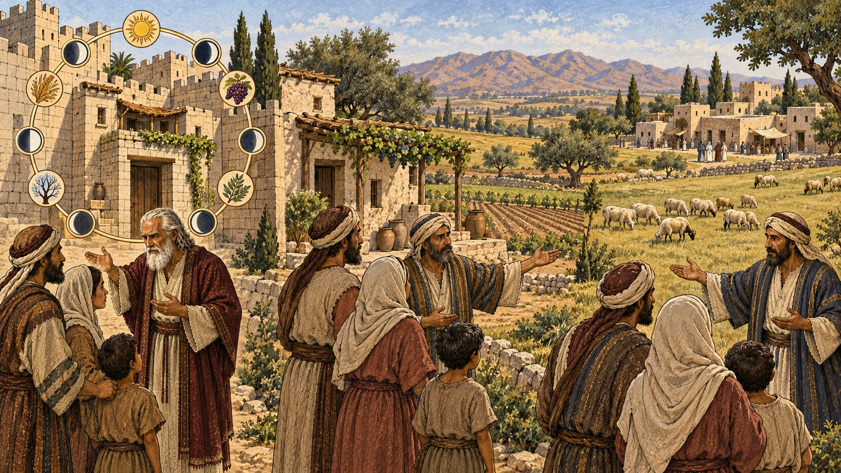 A walled city house, an unwalled village home with fields, and a Levite town with surrounding pasture appear in one connected landscape as elders explain their differing redemption rules. A full circle of seasonal markers surrounds the city house, while village and Levite holdings remain tied to Jubilee. No labels, map grid, eviction, modern architecture, or visible deity.