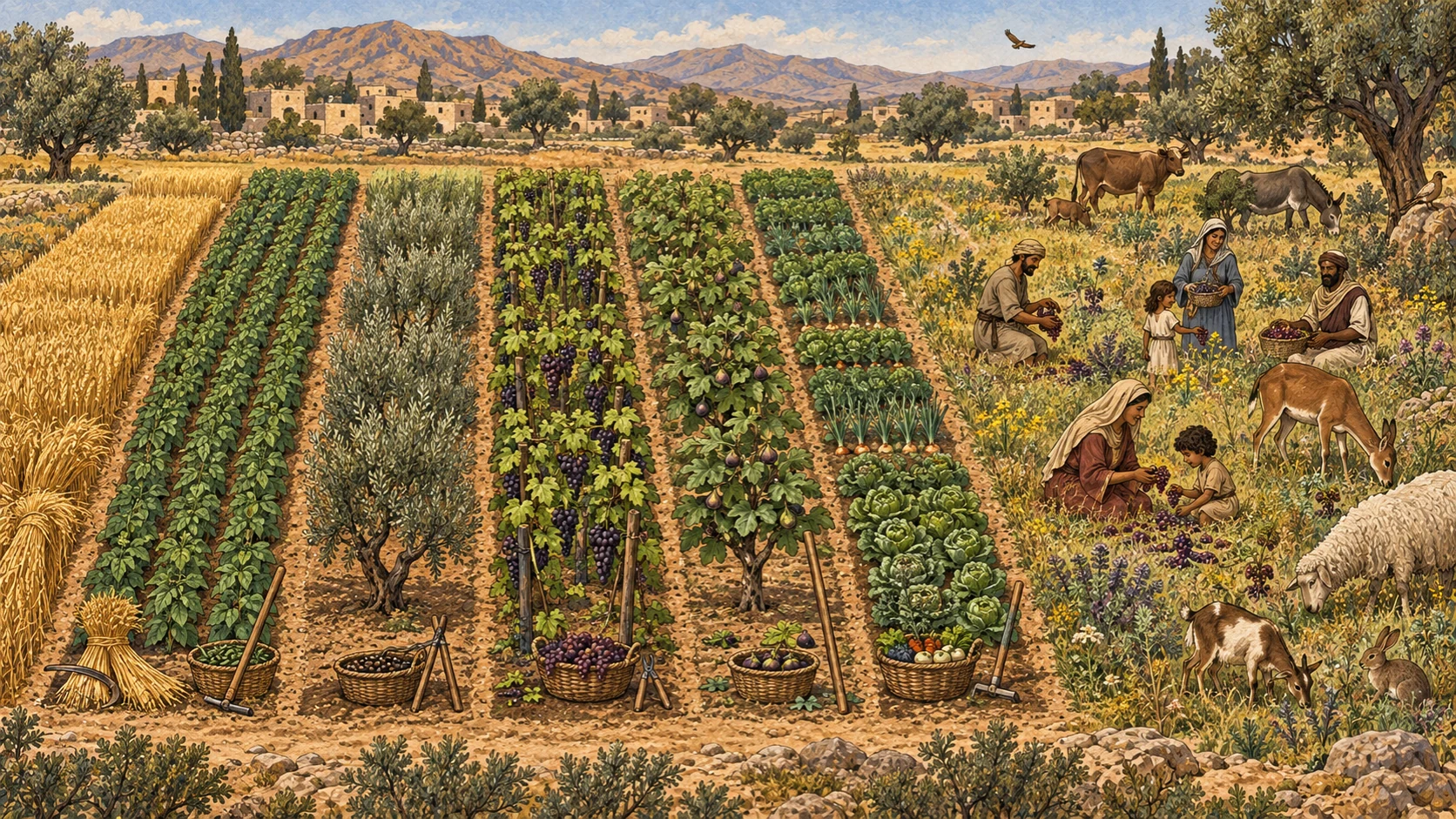 A fertile farm shows six orderly cultivated plots and one seventh plot resting unplowed, where families, hired workers, servants, resident foreigners, livestock, and wild animals freely share volunteer produce. Exact six worked plus one resting plot; no harvesting crews in seventh plot, hunger, hierarchy, fences excluding poor, or visible deity.