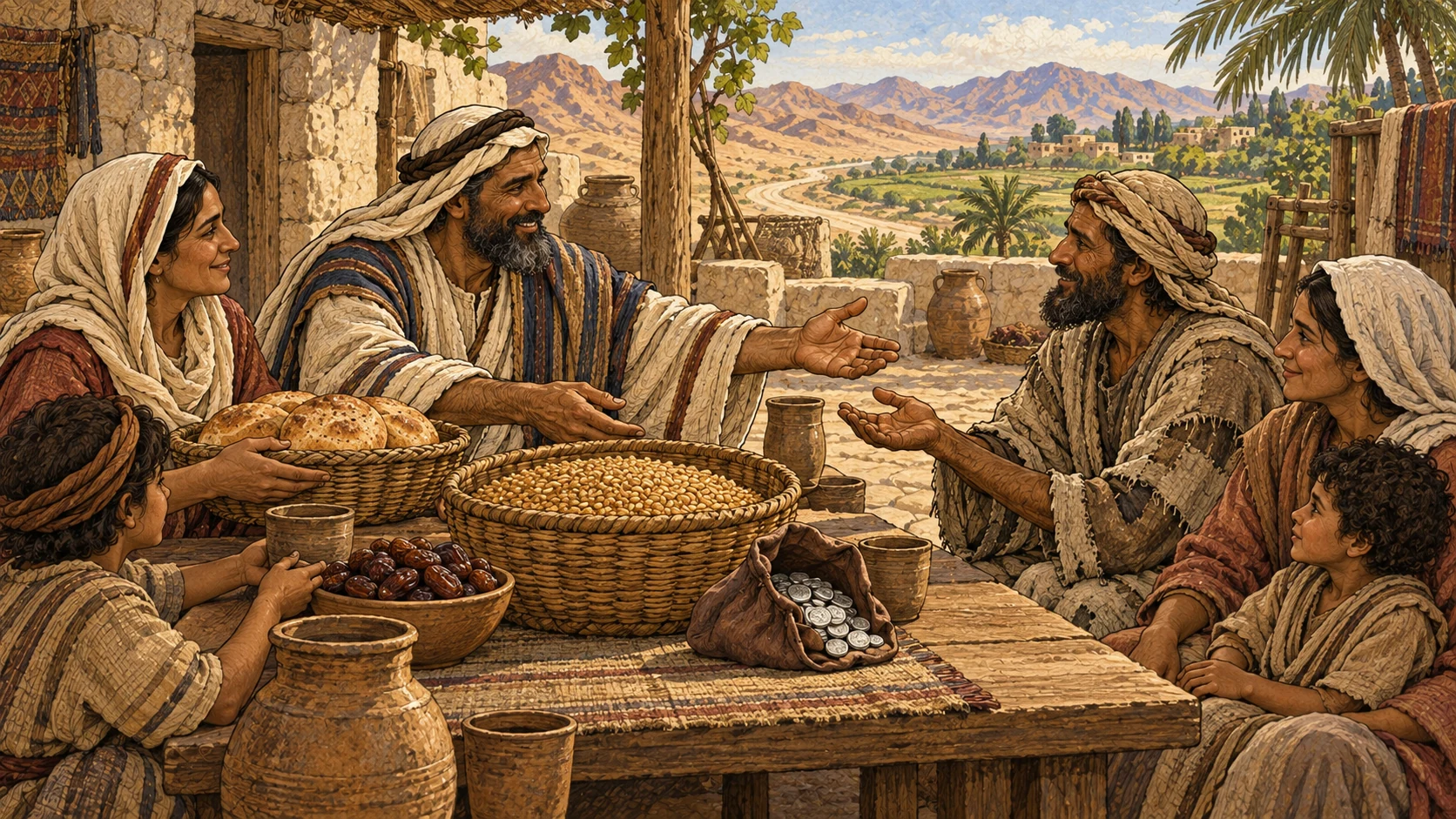 A prosperous household supports a poor brother living beside them as a resident, lending silver and food without adding interest or profit. Full measures pass openly across the table while both families share the same dwelling court. A desert road from Egypt leads toward Canaan behind them. No debt chains, unequal feast, written loan, modern coins, humiliation, or visible deity.