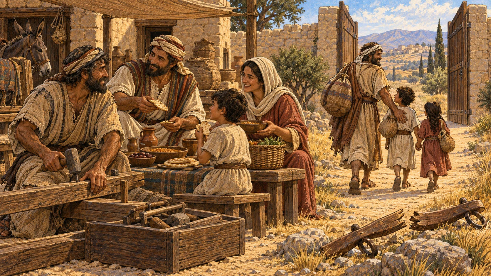 An Israelite who sold his labor after becoming poor works beside the household as a paid worker and sojourner, not under harsh rule. At Jubilee he leaves freely with his children and returns to clan and ancestral land. Broken yoke bars near the Egypt road recall deliverance. No whipping, chains, auction, forced labor, hierarchy pose, or visible deity.