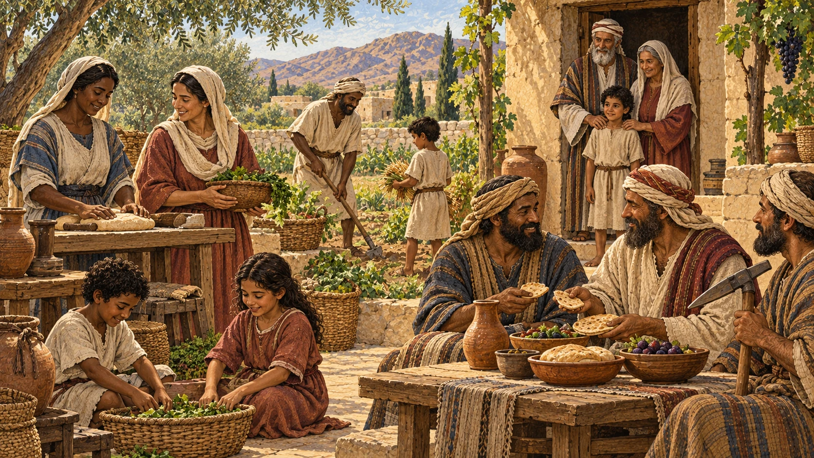 Foreign-born male and female servants and their families work within a Bronze Age household and pass with the estate to the next generation, while Israelite brothers are explicitly treated without harsh domination. Portray every adult clothed, named by relationship through family groupings, and fully human. No slave market, chains, beating, sexualization, racial caricature, auction, or visible deity.