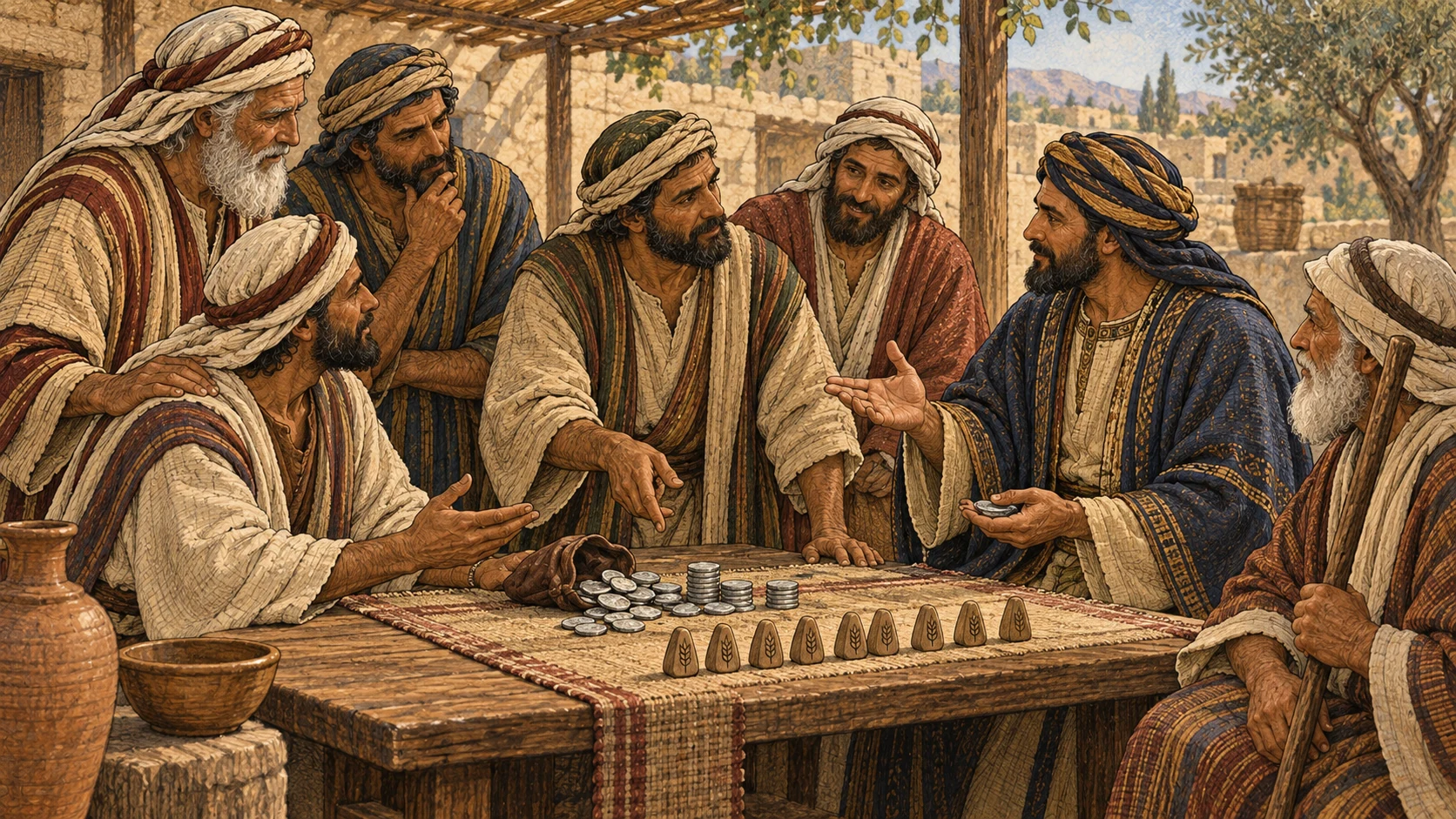 A poor Israelite serving a prosperous resident foreign household meets with his brother, uncle, cousin, buyer, and elders to calculate redemption according to years remaining until Jubilee. The buyer treats him as a yearly hired worker while fair silver is counted openly. No hostility toward foreigner, chains, abuse, written figures, modern currency, or visible deity.