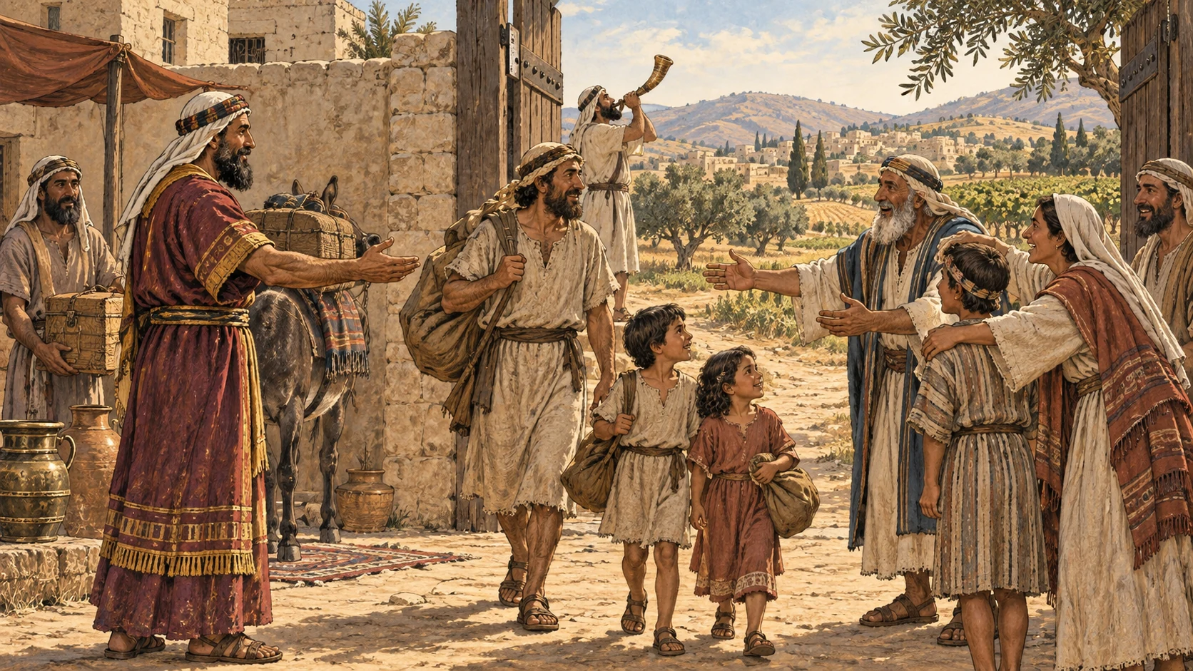 At the Jubilee trumpet, an unredeemed Israelite worker and his children leave the foreign household freely and return to their people, welcomed by kin on ancestral land. The employer releases them peacefully and all stand beneath an open gate. No chains, conflict, forced separation, humiliation, blood, or visible deity.