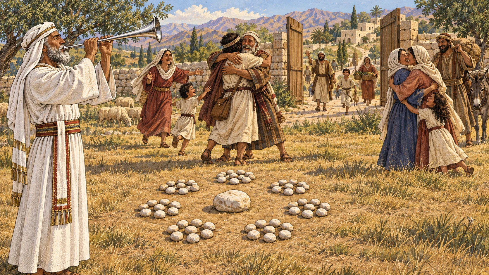 A priest sounds a long silver trumpet on the Day of Atonement after seven groups of seven stones have been counted around a fiftieth stone. Families embrace returning relatives and open property gates throughout the land. Exact 49+1 count, no written number, warfare, forced eviction, chains, blood, or visible deity.
