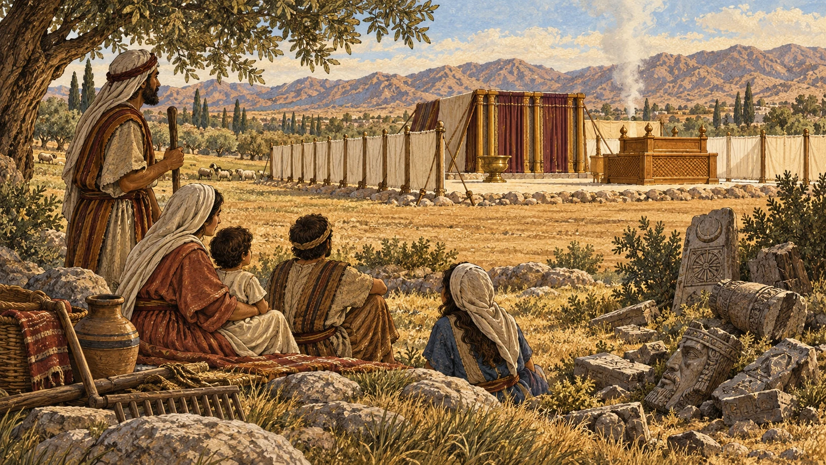 Israelite families remove carved idols, standing stones, and figured cult stones from their land, then rest on Sabbath facing the ordered sanctuary with work tools set aside. The rejected objects lie inert and broken at a distance. No worship of idol, human-shaped deity, destruction violence, blood, or labor.