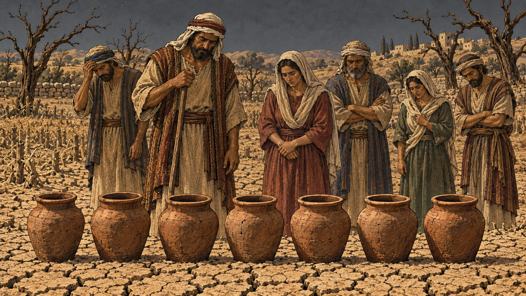 Under a hard cloudless sky, exhausted farmers stand over bronze-dry soil, barren fields, and fruitless trees after continued refusal. Seven empty clay jars form a restrained motif of intensified discipline. Exactly seven jars; no dying people, corpses, blood, grotesque famine, or visible deity.