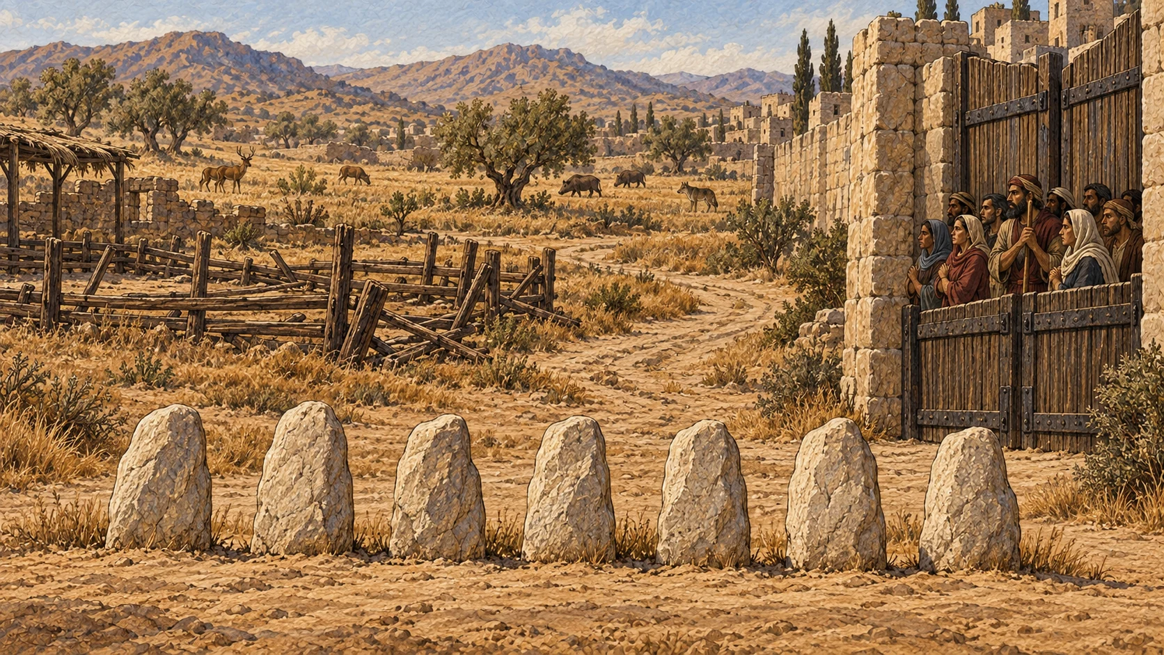 Abandoned roads wind through emptied farms as wild animals reclaim the distant fields and scattered livestock pens stand broken. Survivors gather safely behind a town gate, confronting another sevenfold warning represented by seven stones. No animal attack, bereaved child shown, carcasses, blood, gore, or visible deity.