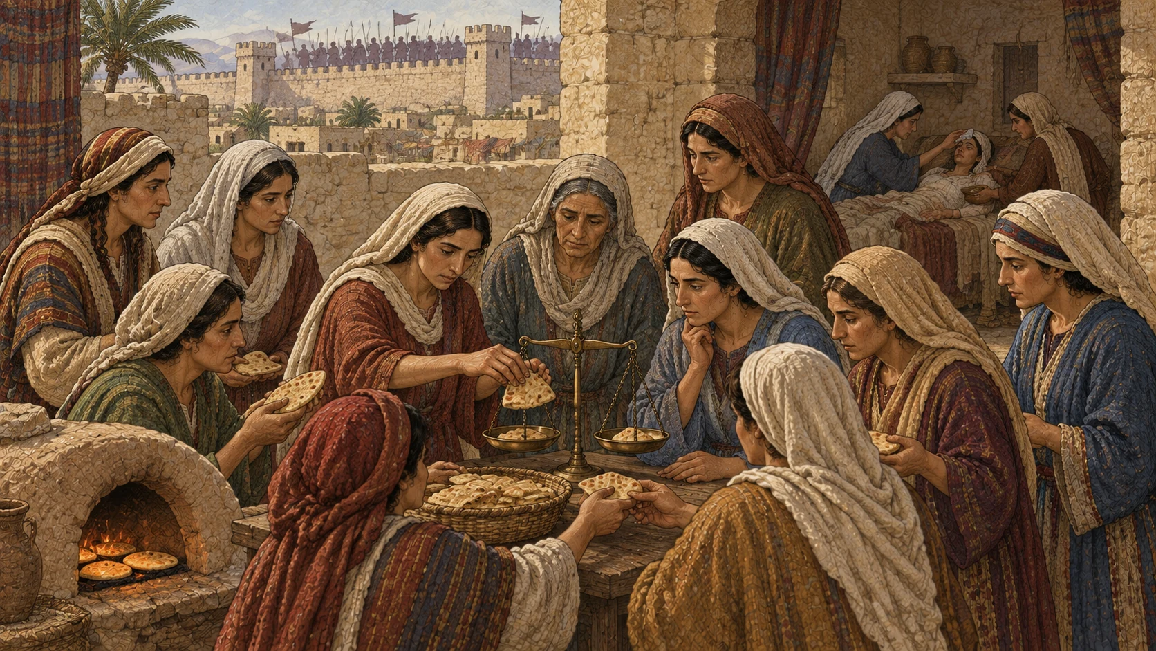 Families crowd inside a besieged city while exactly ten women share one small clay oven and divide scarce bread by bronze scale weight. Enemy weapons remain silhouettes beyond the wall; caregivers tend feverish neighbors. No battle, corpses, disease lesions, blood, starvation bodies, or visible deity.