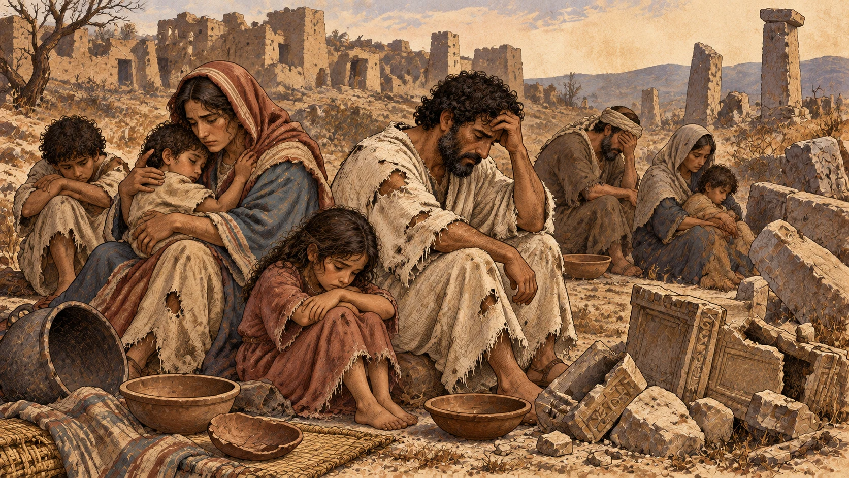 A devastated community sits amid empty cooking bowls, torn family garments, toppled high places, and shattered incense altars, communicating the unthinkable famine and judgment without showing cannibalism or bodies. Parents hold living children protectively. No eating human flesh, corpses, carcasses on idols, blood, gore, active fire, or visible deity.