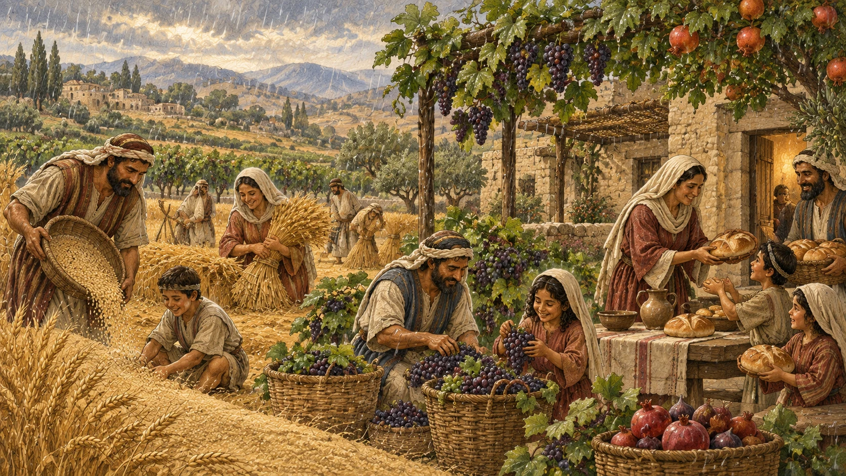 Seasonal rain falls over abundant grain, vines, and fruit trees as threshing overlaps grape harvest and grape harvest reaches toward sowing. Families fill baskets and share bread securely. No flood, famine, warfare, supernatural figure, text calendar, or modern farming.