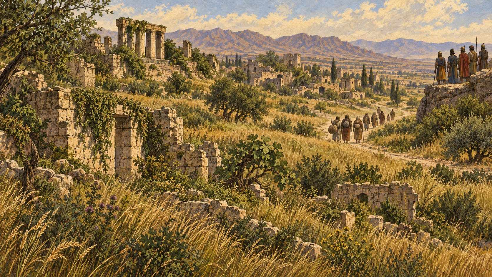 Silent ruined cities and abandoned sanctuaries lie across a land now growing wild and resting through long unworked seasons. Exiles depart along distant roads while even enemy settlers gaze in shock. No corpses, combat, sword attack, blood, active destruction, humanoid land, or visible deity.