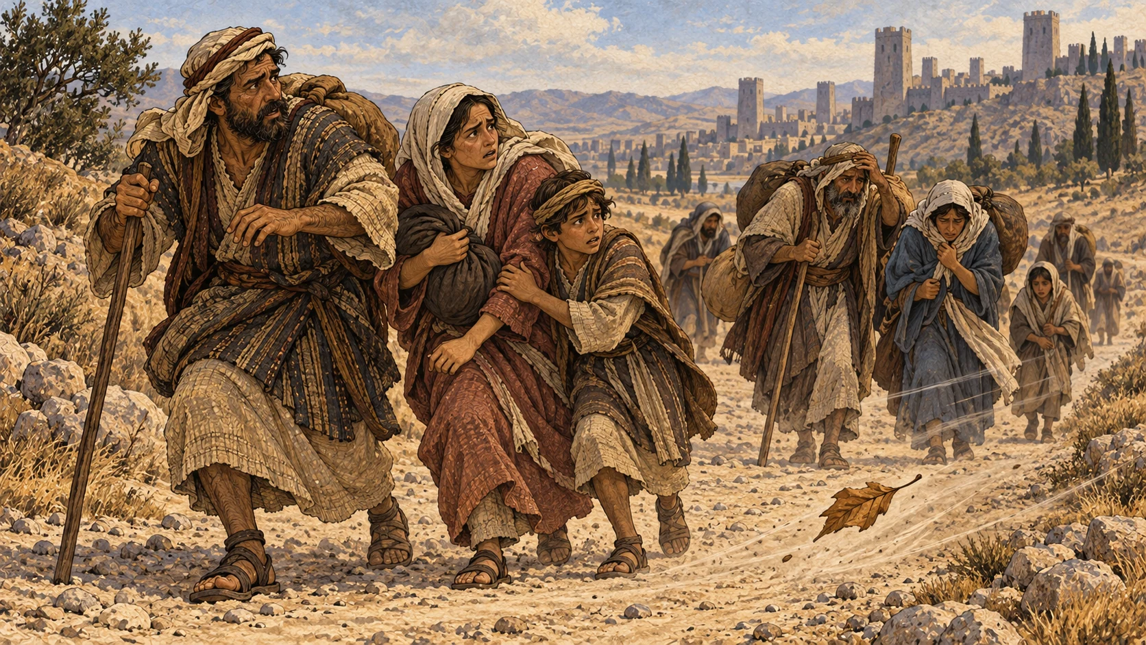 In a foreign land, scattered survivors startle and stumble at a wind-driven leaf on an empty road, supporting one another while distant foreign towers loom. Their bodies are weary but dignified, and no pursuer is present. No sword attack, corpses, emaciation horror, blood, mocking enemies, or visible deity.