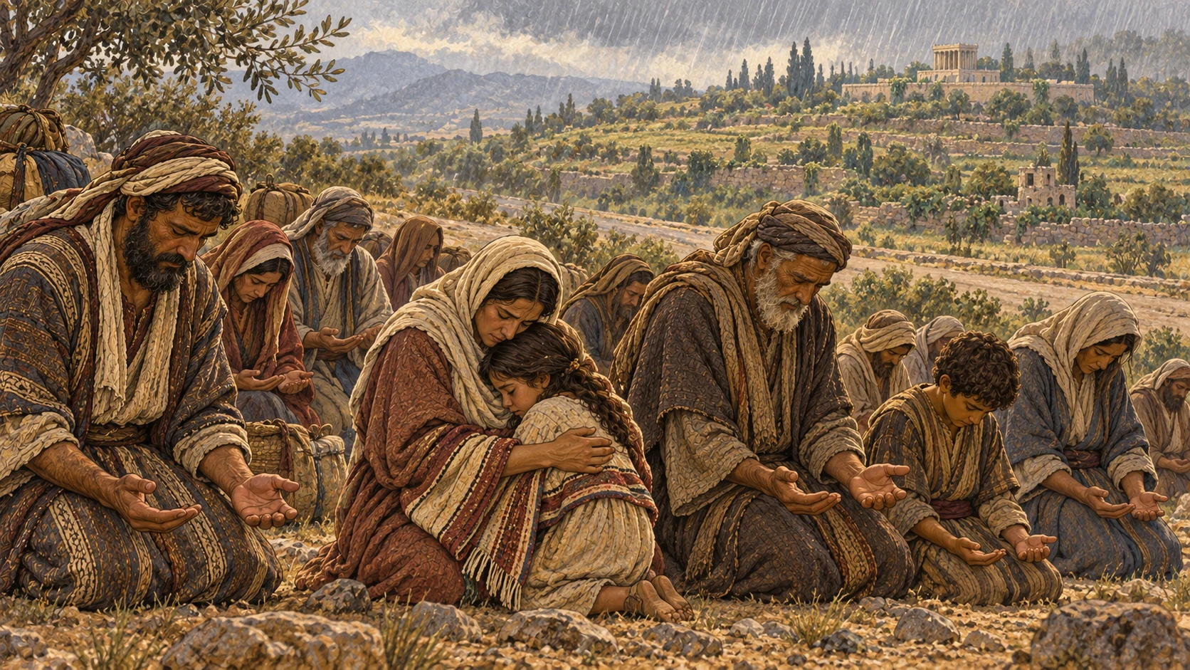 Exiled families and elders kneel together in honest confession for their own and their ancestors’ unfaithfulness, hands open and hearts humbled. In the distance the abandoned homeland rests through its Sabbaths beneath soft rain. No self-harm, humiliation by captors, text, sacrifice, blood, or visible deity.
