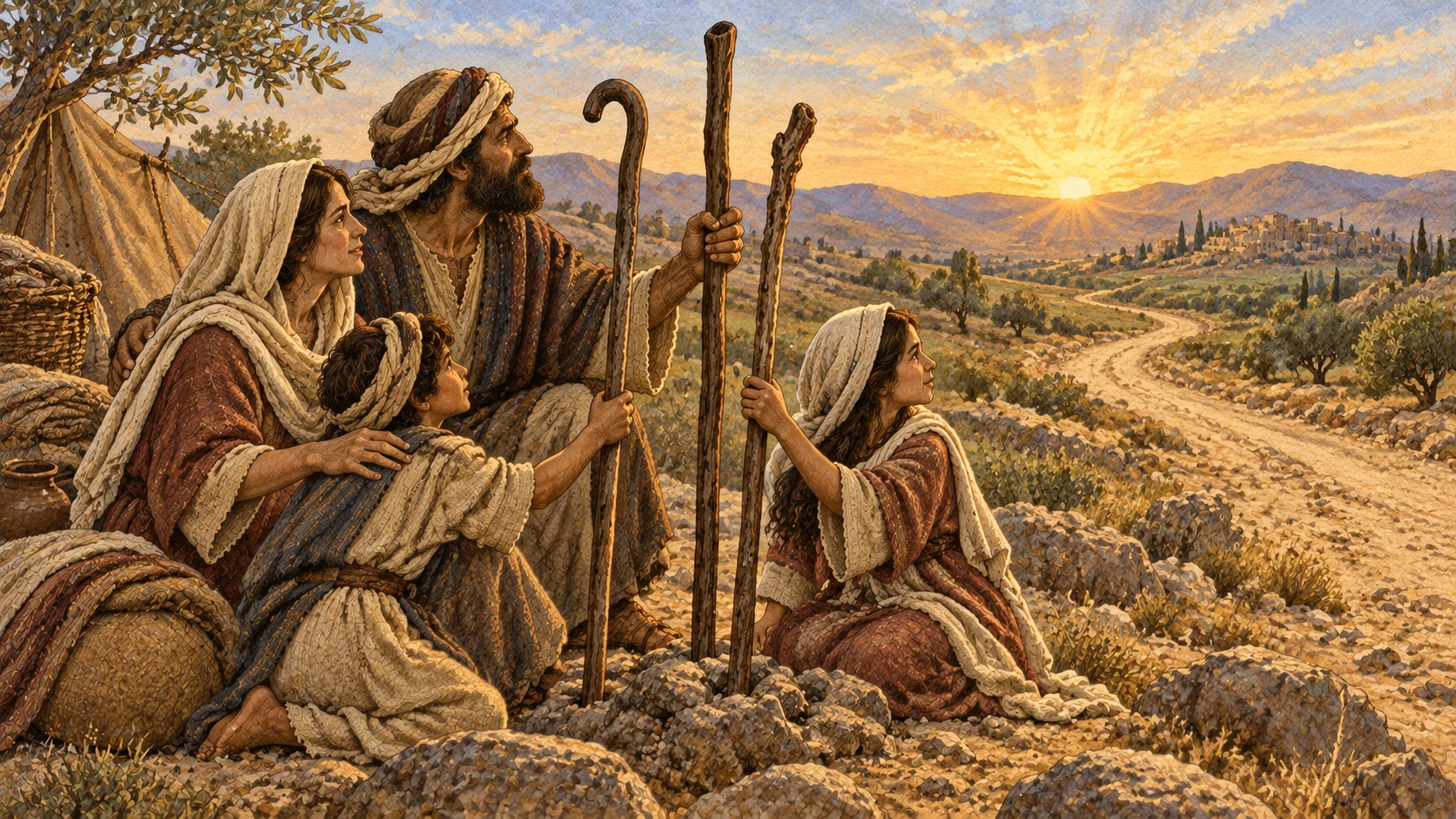 Even in the land of enemies, families preserve hope around symbols of Abraham, Isaac, and Jacob—three simple ancestral staffs beside the remembered route from Egypt—while non-figural dawn light reaches toward the resting homeland. Exactly three staffs; no ancestor apparitions, humanoid deity, national flags, battle, or blood.