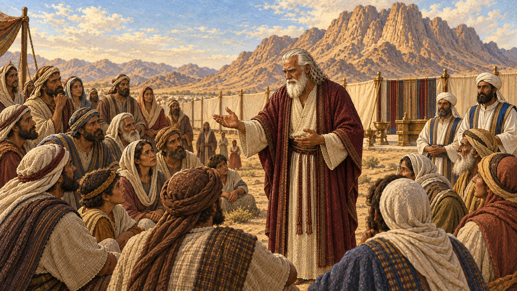 At Mount Sinai, Moses delivers the statutes, judgments, and laws to priests, elders, families, and sojourners gathered between the mountain and sanctuary. The scene closes the covenant warnings with attentive communal responsibility. No stone tablets with writing, visible deity, threatening storm figure, blood, or punishment imagery.