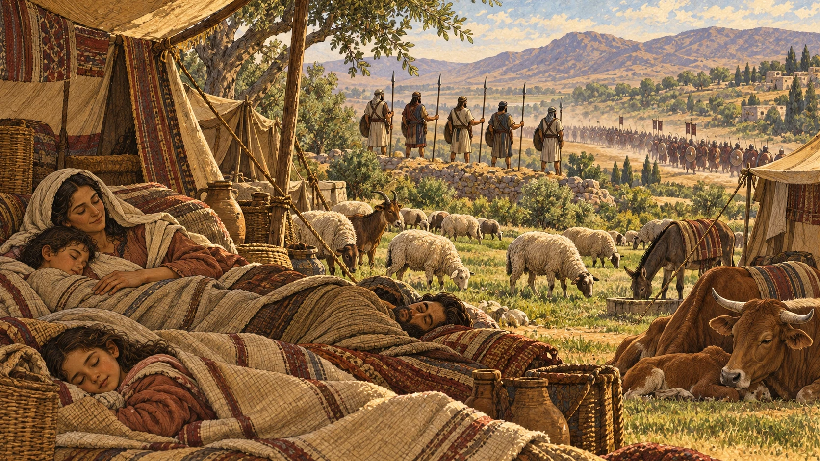 Families sleep safely beneath open tent awnings, livestock graze free of harmful beasts, and a small band of Israelite defenders causes a vast enemy formation to retreat beyond the land without battle shown. Peace dominates the composition. No combat, fallen bodies, swords striking, blood, triumphal cruelty, or visible deity.