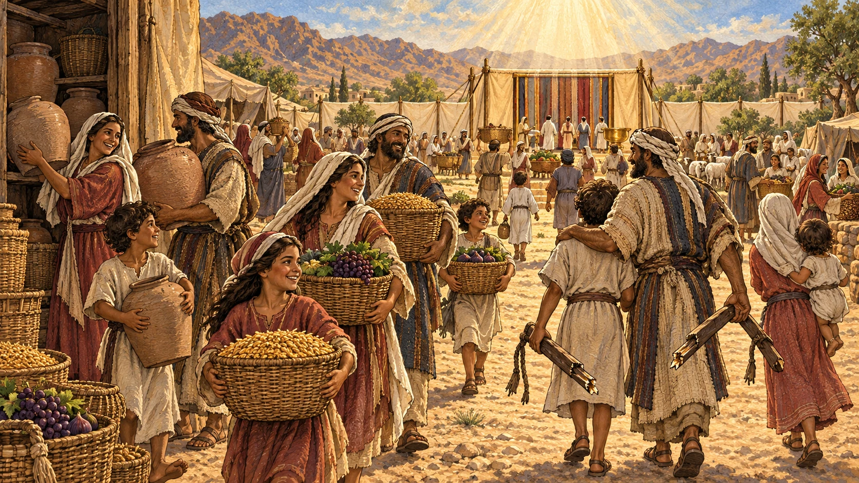 A multiplied, flourishing community clears old grain stores to make room for new while the sanctuary dwells at its center. Former servants from Egypt walk upright through broken wooden yoke bars into family life and worship. Non-figural warm light rests over the tent. No humanoid deity, pyramids dominating, chains on people, blood, or magical apparition.