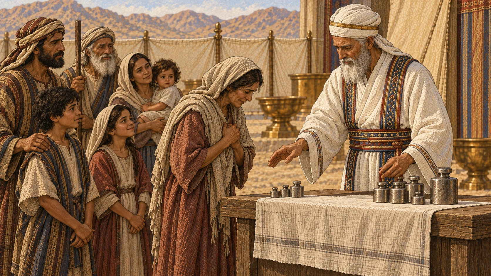 Before a white-linen priest, households of adult men and women, youths, young children held by parents, and elders bring voluntary special vows. Separate standard silver weight groups sit on a table, while the priest reduces the assessment compassionately for a poor vow-maker according to means. No people on auction block, price labels, servitude, coins attached to bodies, coercion, or visible deity.