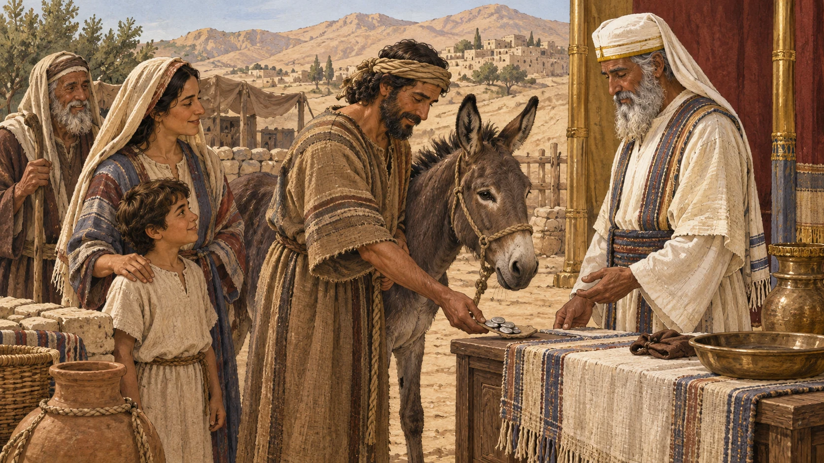 A priest calmly evaluates one healthy donkey that cannot serve as an altar offering while its owner adds a clearly smaller fifth-share of silver to redeem it. The animal remains with the relieved household. No sacrifice, injury, genital detail, market auction, written arithmetic, blood, or visible deity.