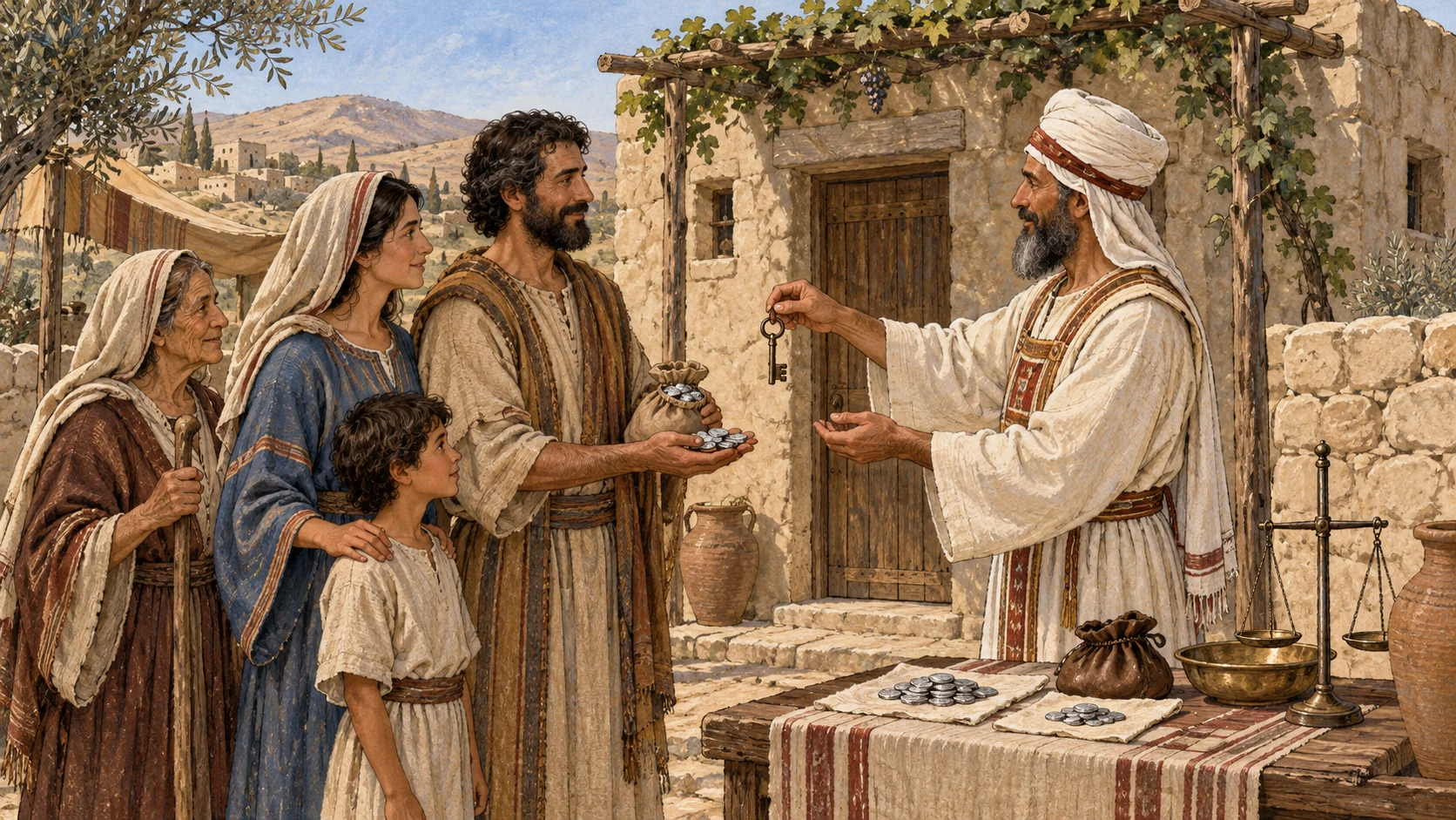 A family and priest inspect a modest stone house dedicated by vow; when the family redeems it, they return the full assessed silver plus a smaller fifth-share and receive the doorway key back. No eviction, forced sale, written deed, modern key, coercion, homelessness, or visible deity.