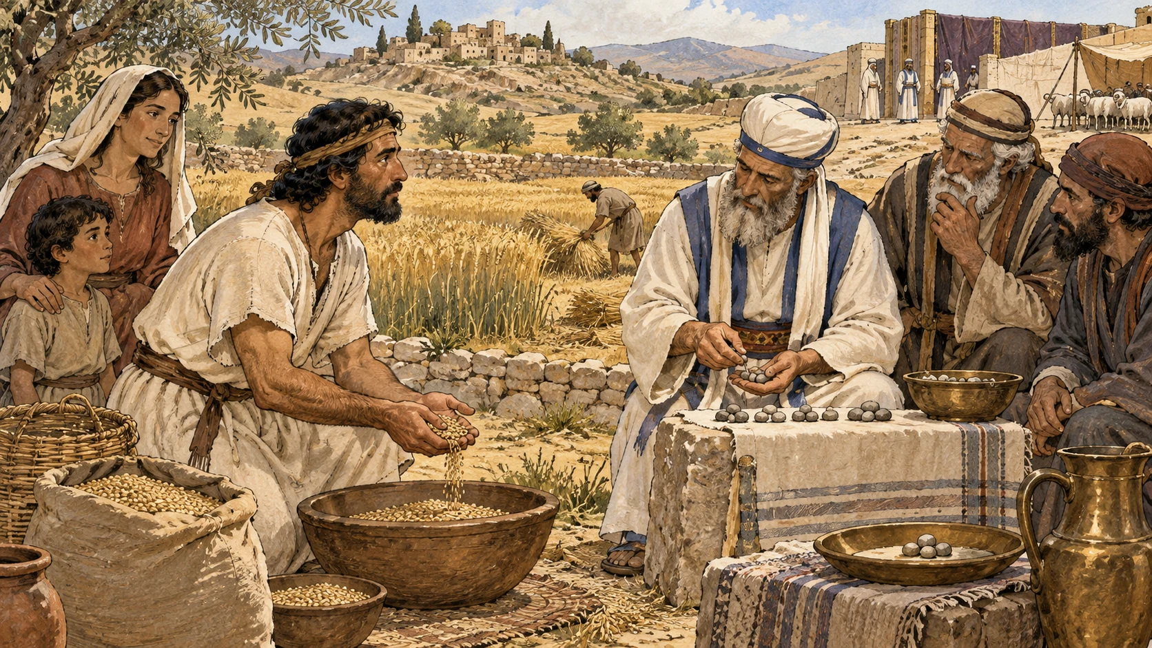 A farmer consecrates part of his inherited barley field, measured by the seed needed to sow it, while priest and elders count the harvest years remaining until Jubilee. Redemption includes a smaller fifth-share; if not redeemed, the field passes at Jubilee into priestly stewardship. No permanent private sale, eviction violence, written formula, modern survey tools, or visible deity.